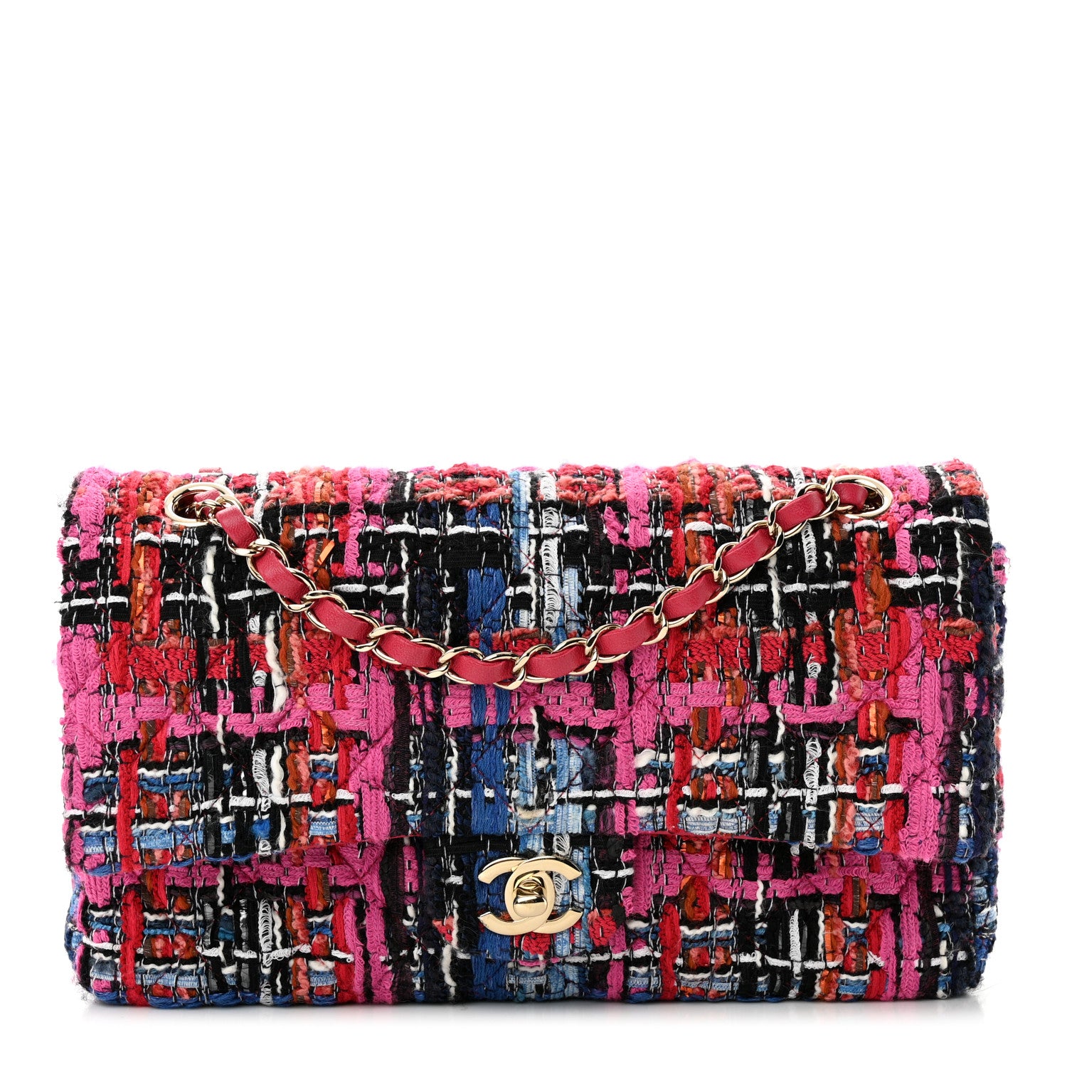Chanel Tweed Quilted Medium Double Flap Red Pink Black 1 of 13