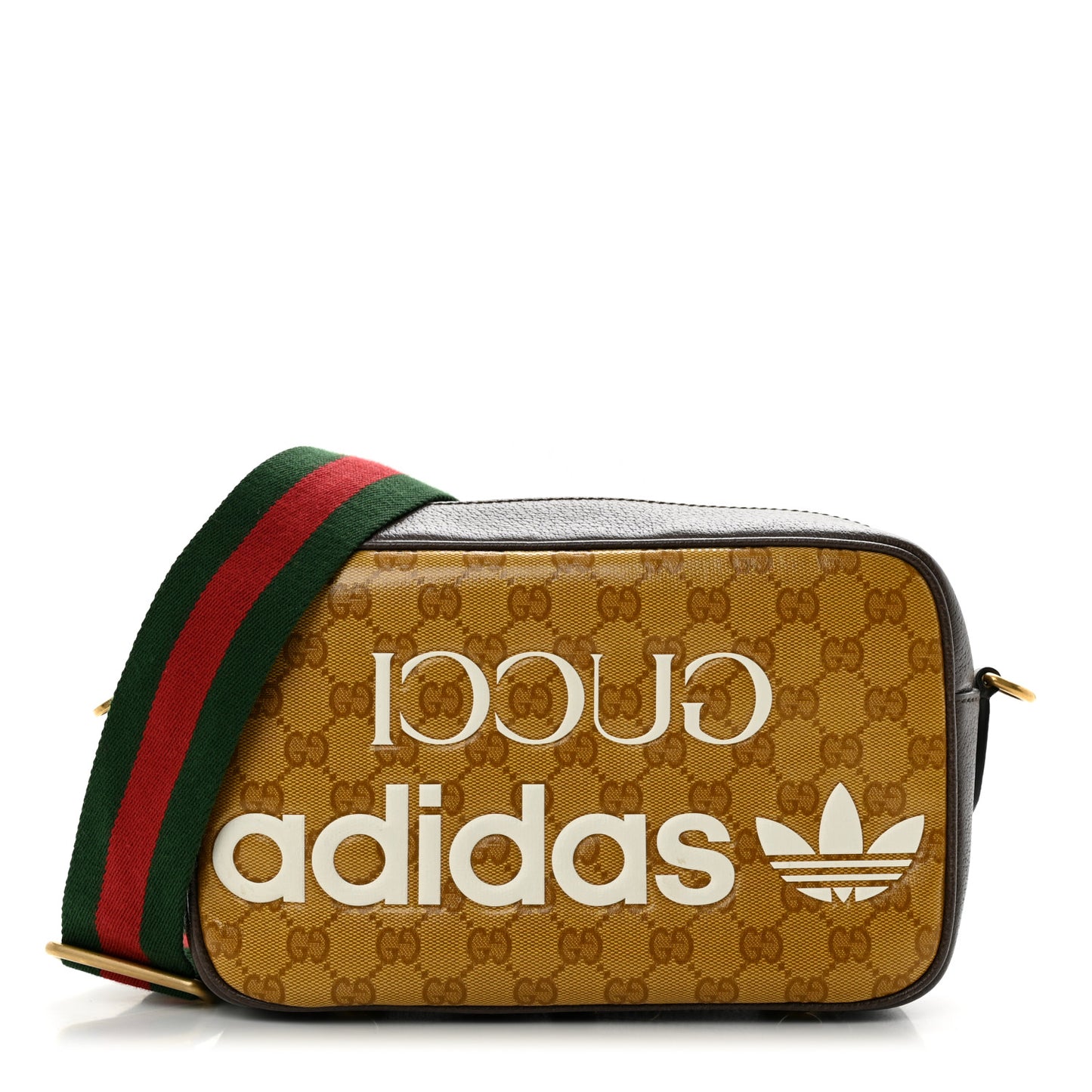 X ADIDAS Crystal Vintage Monogram Textured Dollar Calfskin Web Trefoil Logo Small Messenger Bag Mid Natural Nut Off White New Acero
