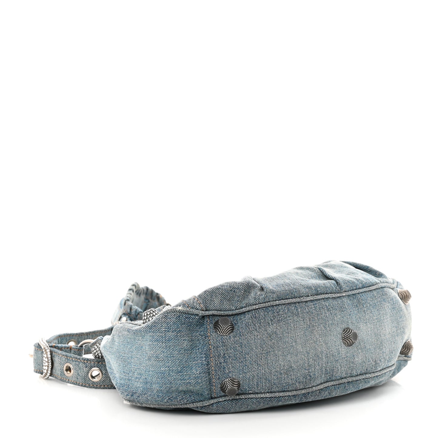 Washed Frayed Denim Crystal Small Le Cagole Shoulder Bag Blue