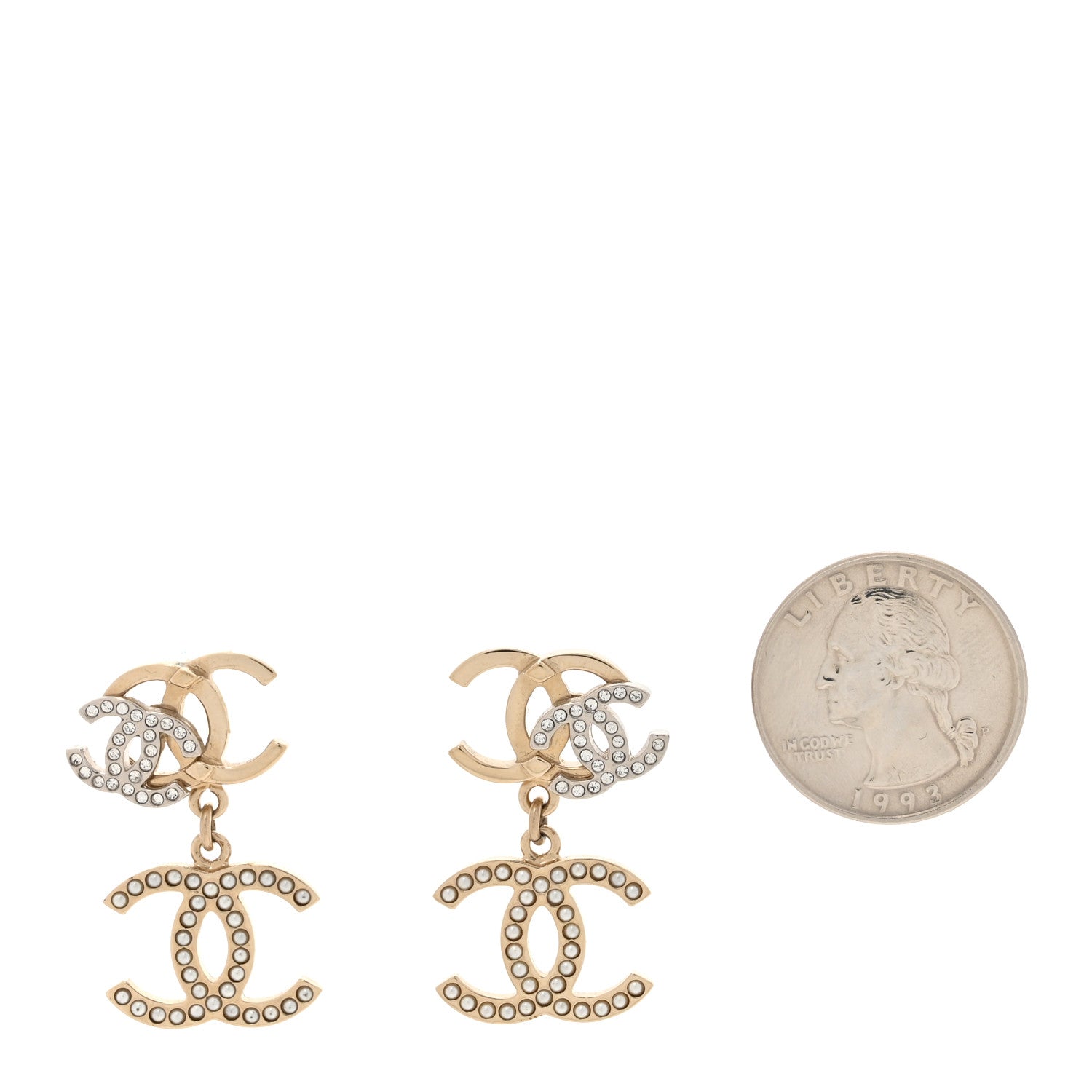 Chanel Crystal Pearl Double CC Drop Earrings Gold Silver 2 of 5