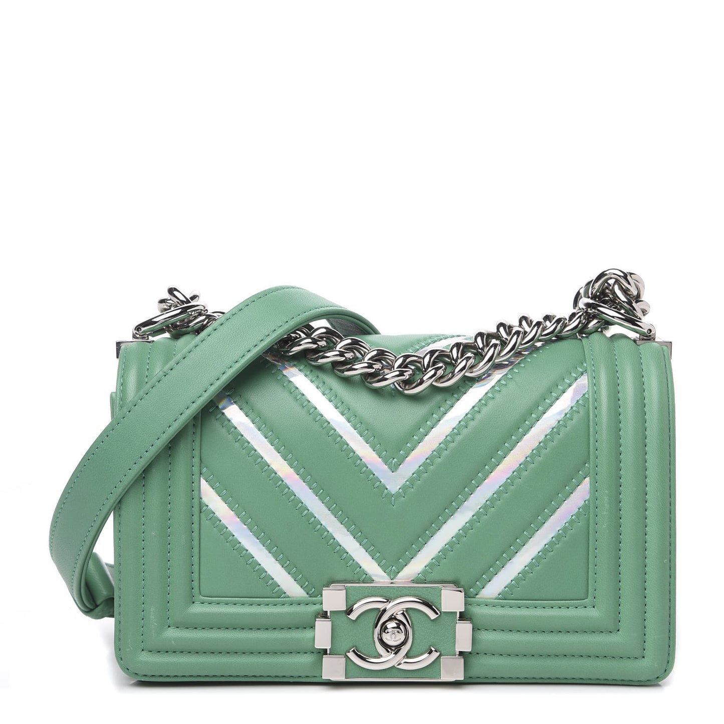 Lambskin Iridescent PVC Chevron Quilted Small Boy Flap Green Silver