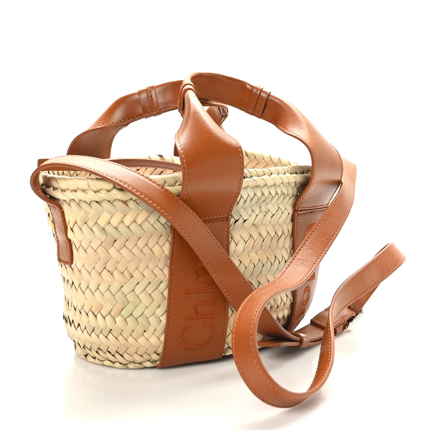 Raffia Smooth Calfskin Small Sense Basket Caramel