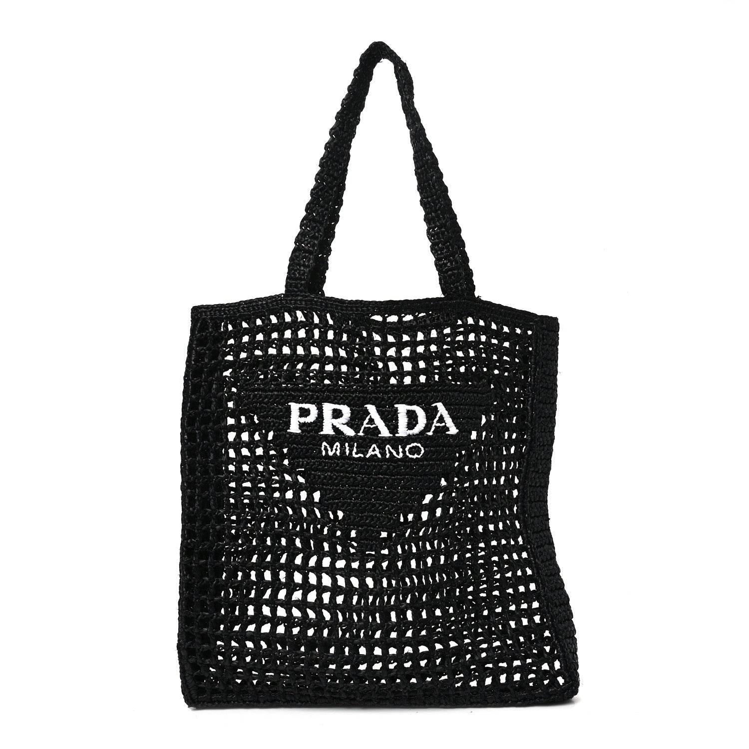 Prada Yarn Raffia Effect Crochet Logo Embroidered Tote Bag Black
