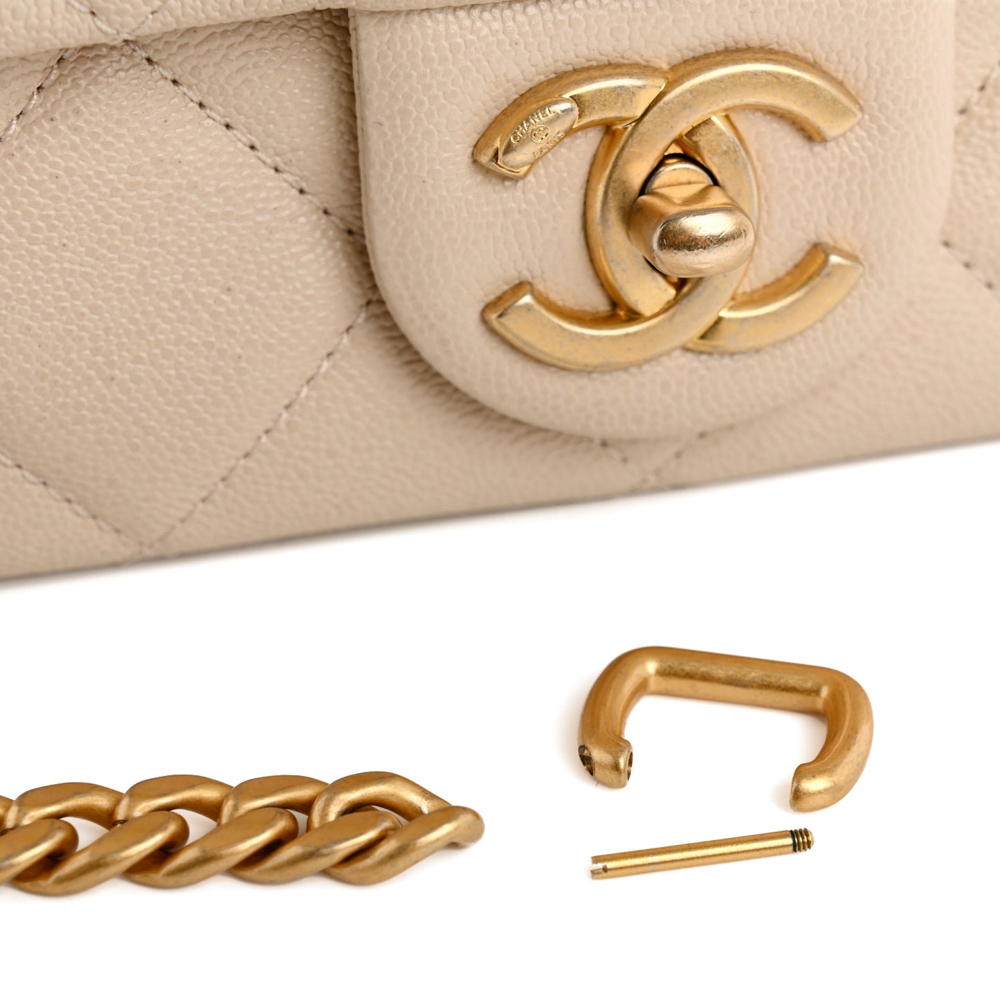 Shiny Caviar Quilted Mini Top Handle Flap Ecru