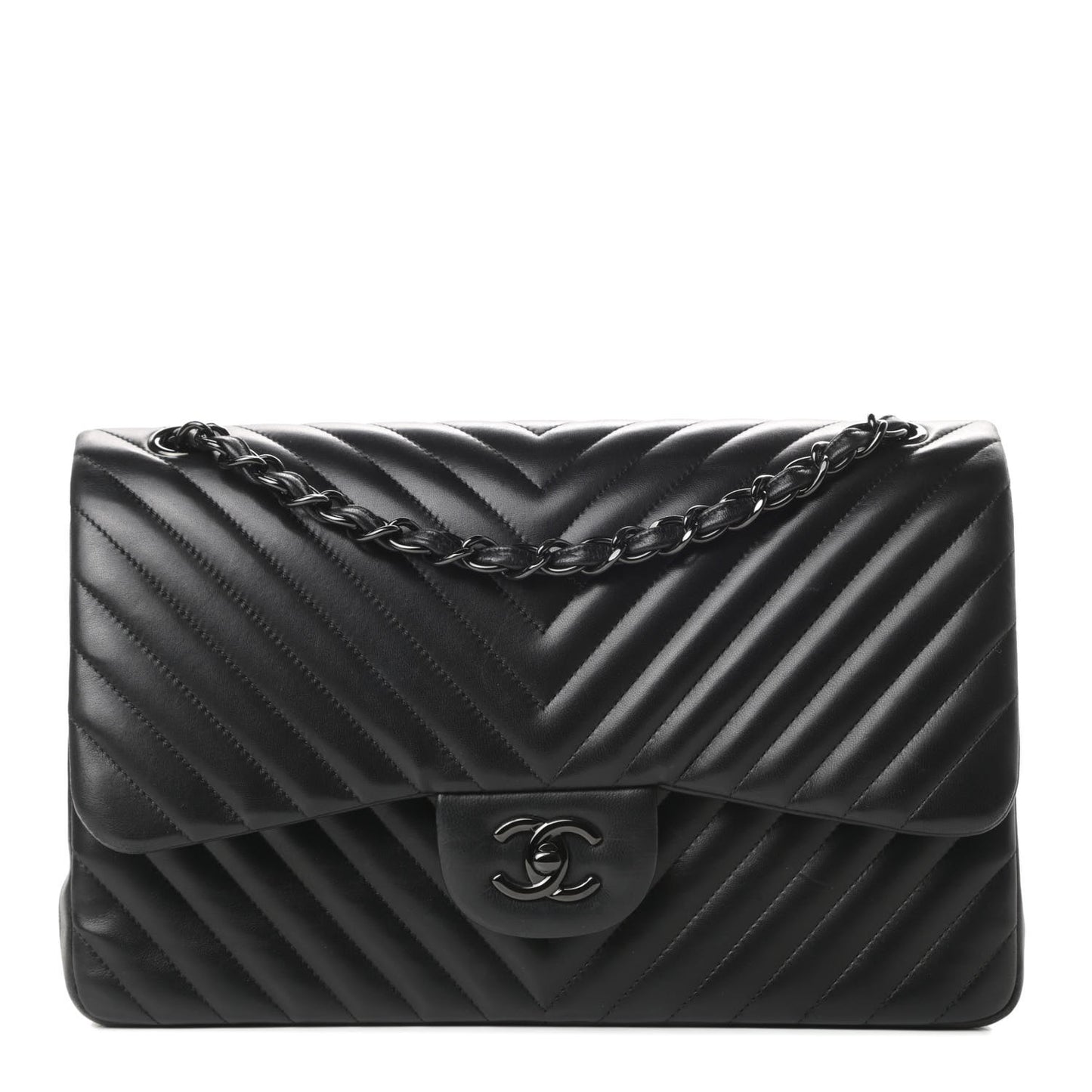 Lambskin Chevron Quilted Jumbo Double Flap So Black