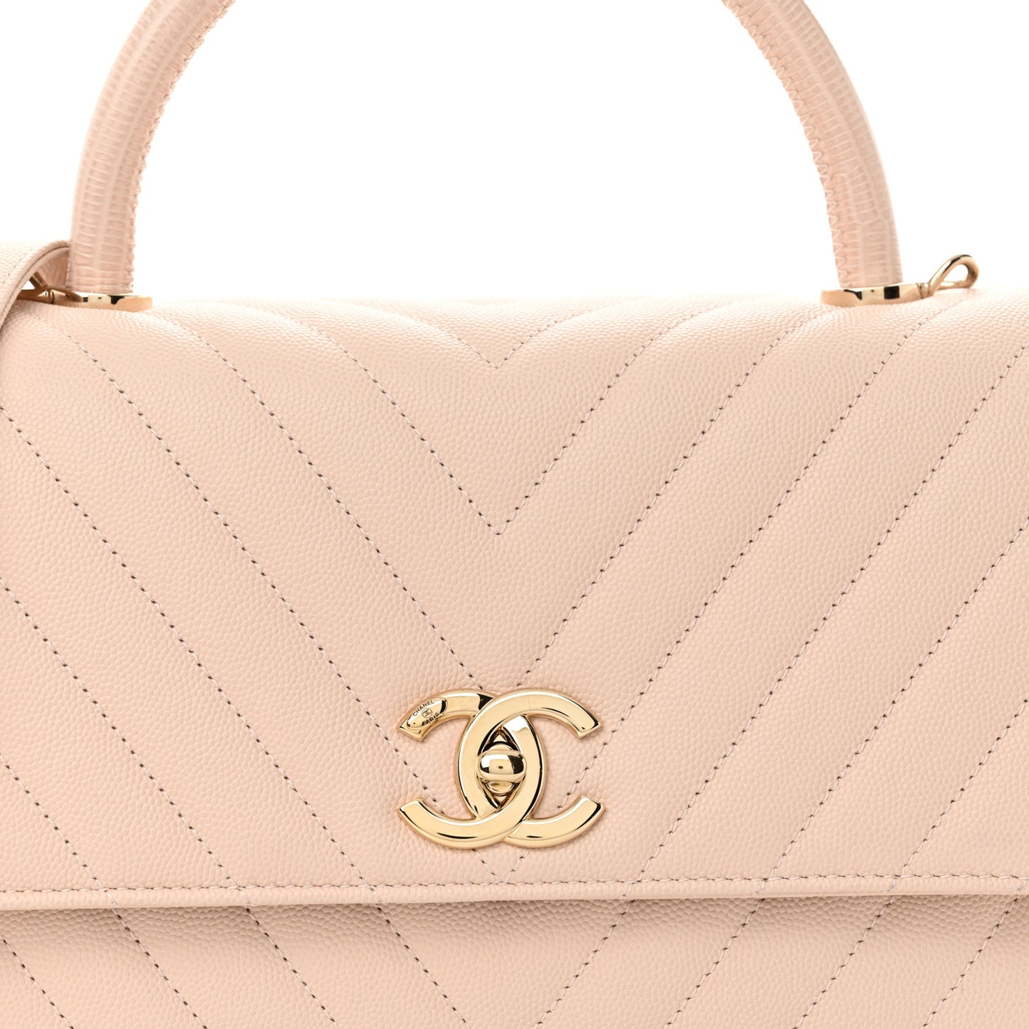 Lizard Embossed Caviar Chevron Quilted Small Coco Handle Flap Beige