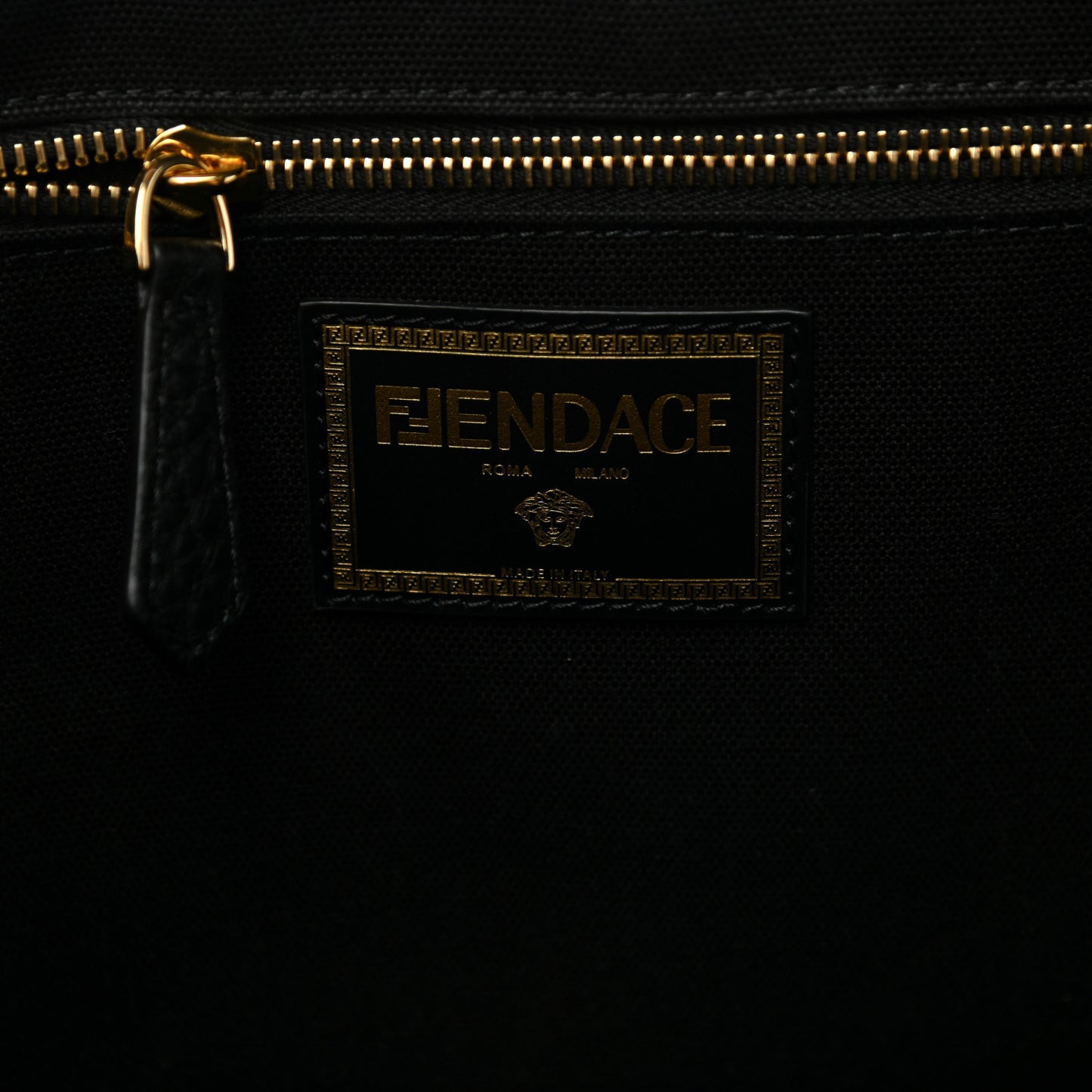 X VERSACE Cotton Canvas Cuoio Romano Fendace Logo Embroidered Signature Shopping Tote Black Gold