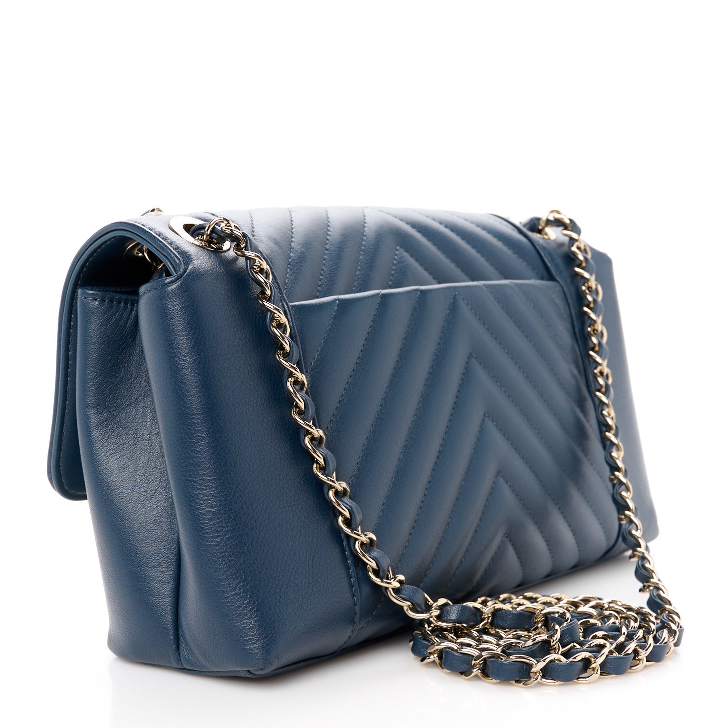 Calfskin Quilted Medium Daily Chevron Flap Navy Blue
