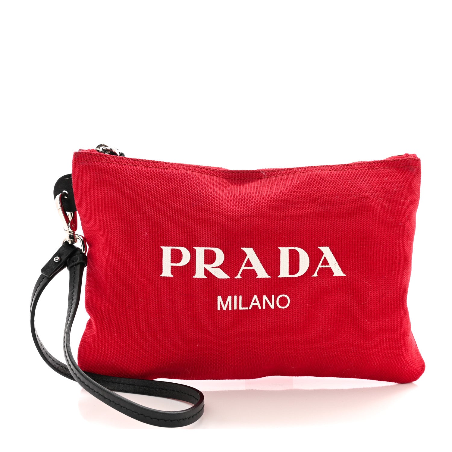 Prada Denim Logo Wristlet Pouch Fuoco Red 1482335 – FASHIONPHILE