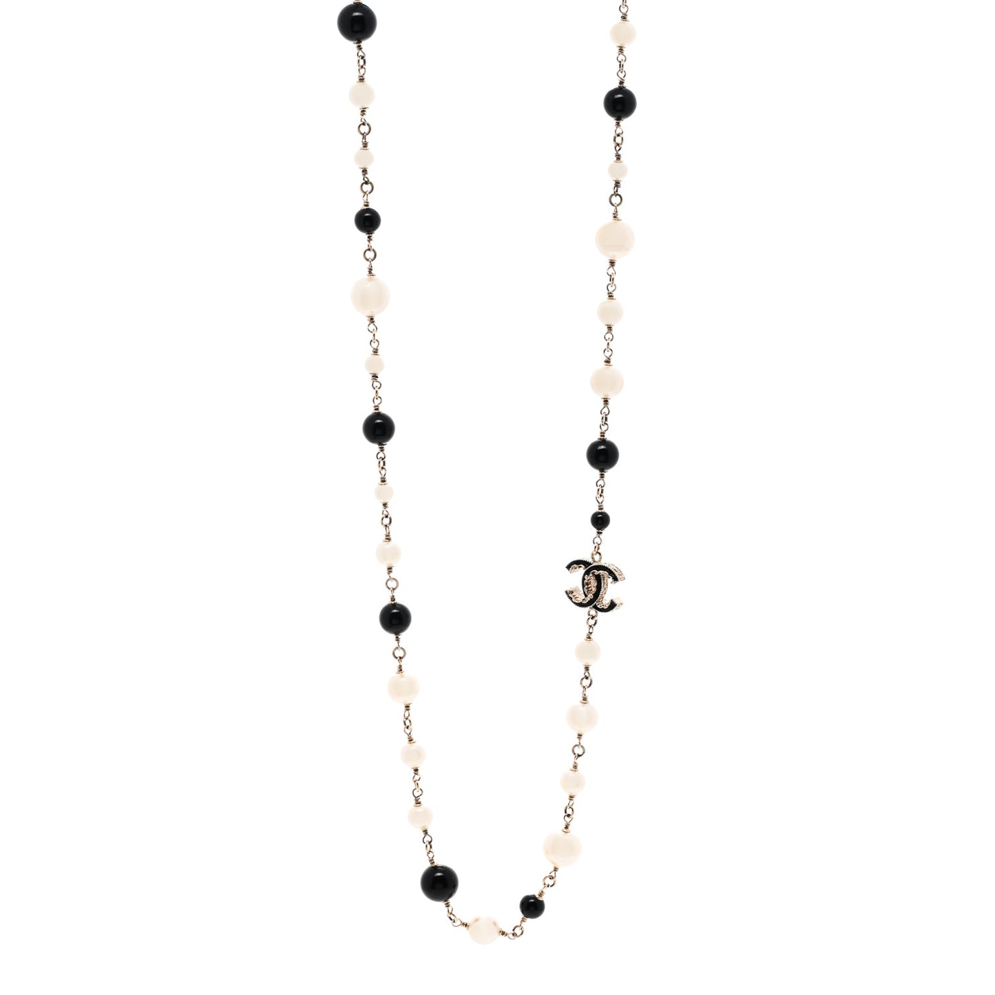 Pearl Beaded Crystal CC Long Necklace Gold Black White