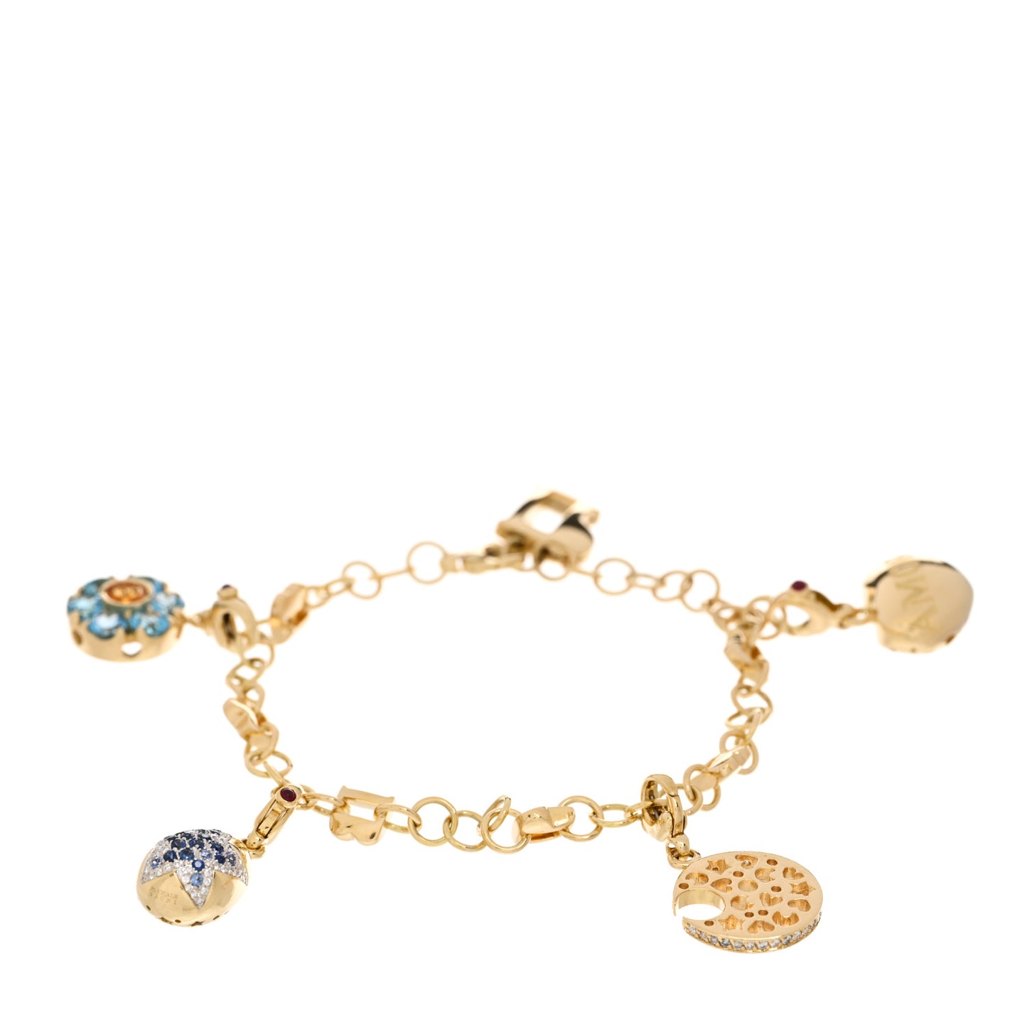 18K Yellow Gold Diamond Blue Sapphire Blue Topaz Citrine Ruby 5 Charm Bracelet