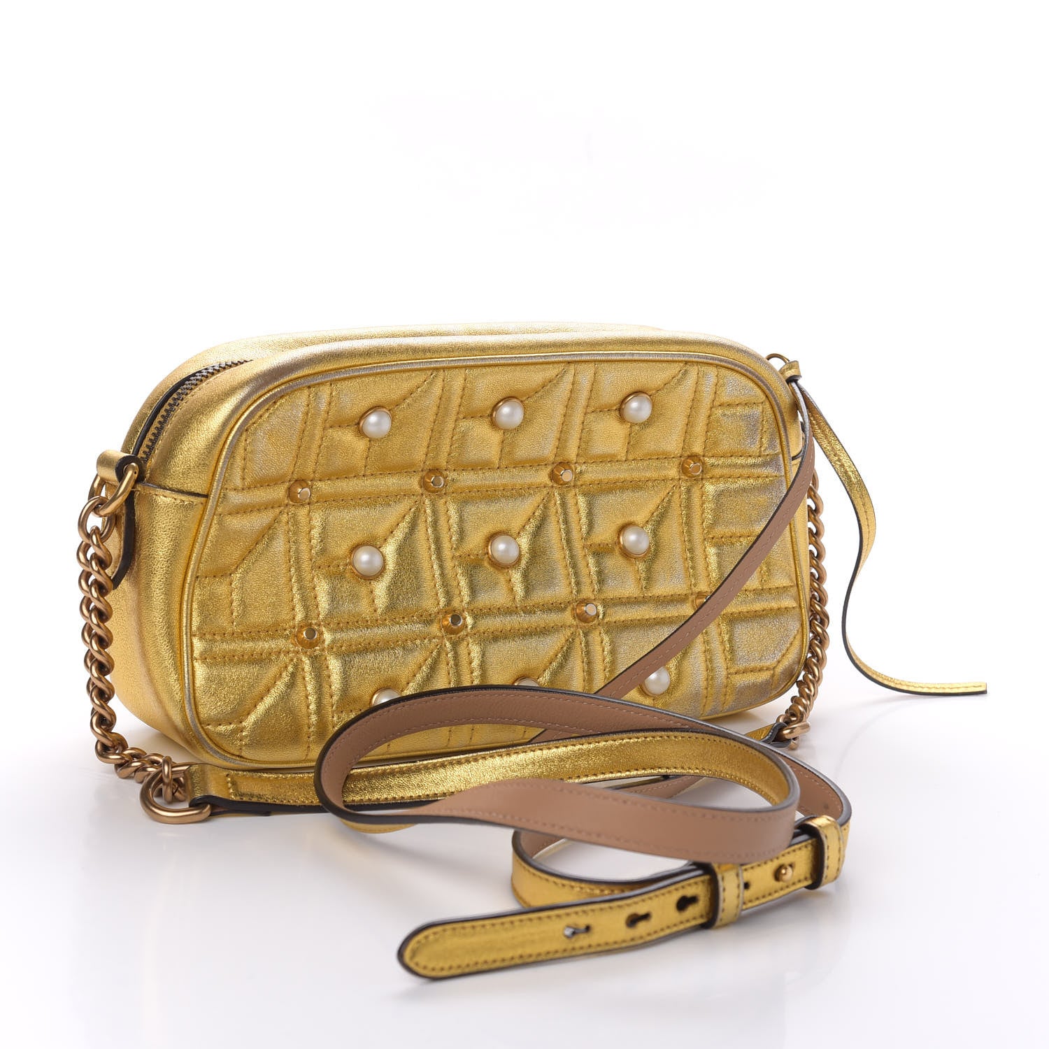Gucci Metallic Calfskin Matelasse Studded Small Pearly GG Marmont Chain Shoulder Bag Gold 3 of 12