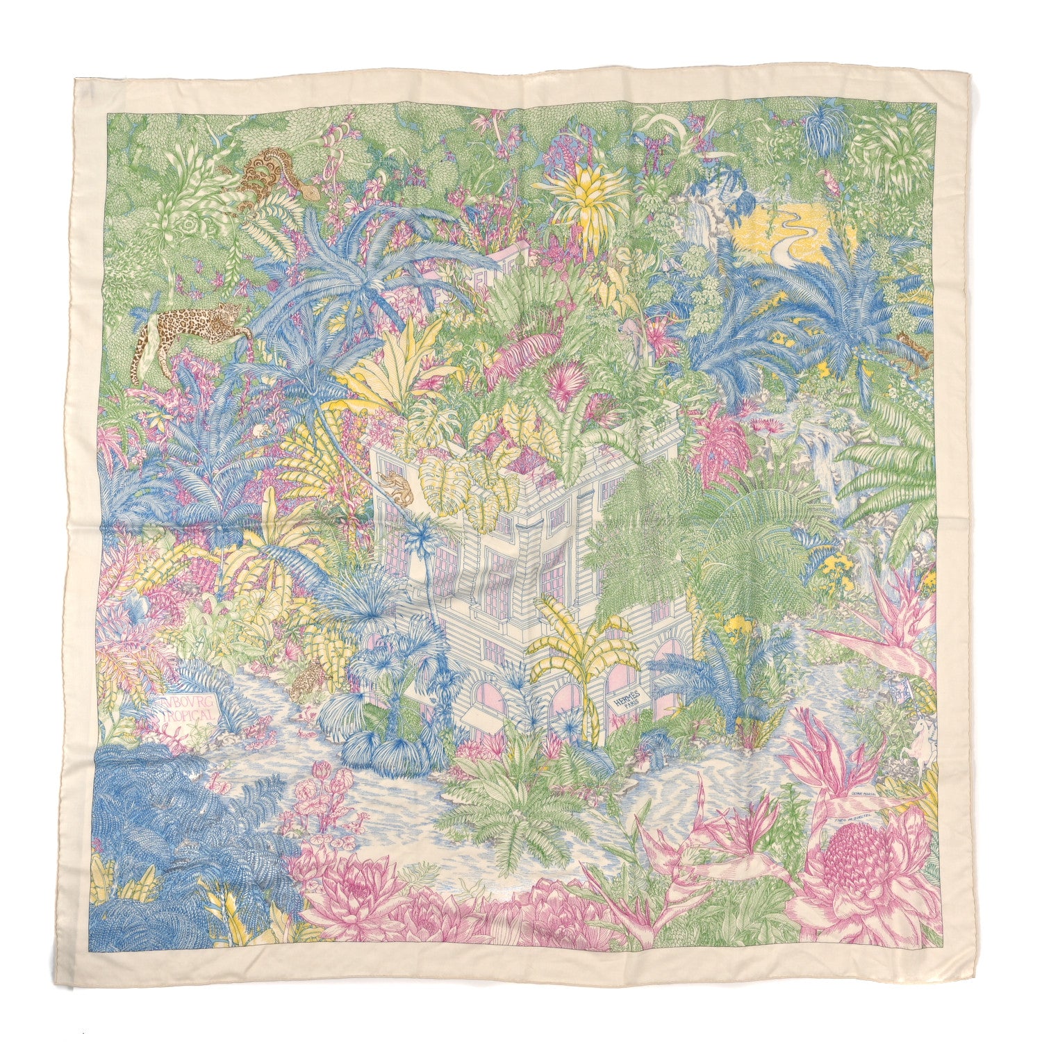 Hermes Cashmere Silk Faubourg Tropical Shawl 140 White Vert Bleu 1 of 3