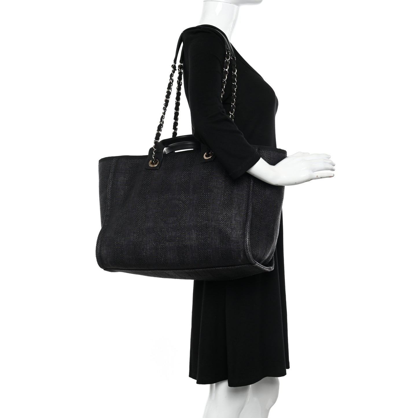 Mixed Fibers Calfskin Striped Medium Deauville Tote Black