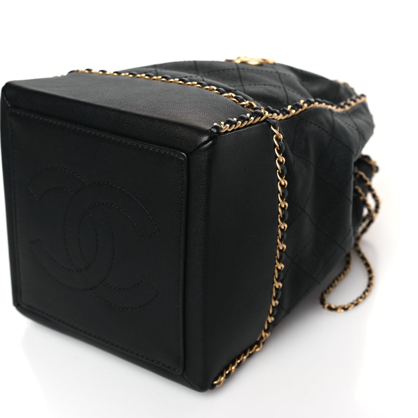 Calfskin Quilted Chain Bucket Bag Black