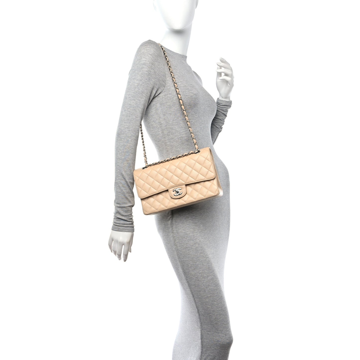 Caviar Quilted Medium Double Flap Beige