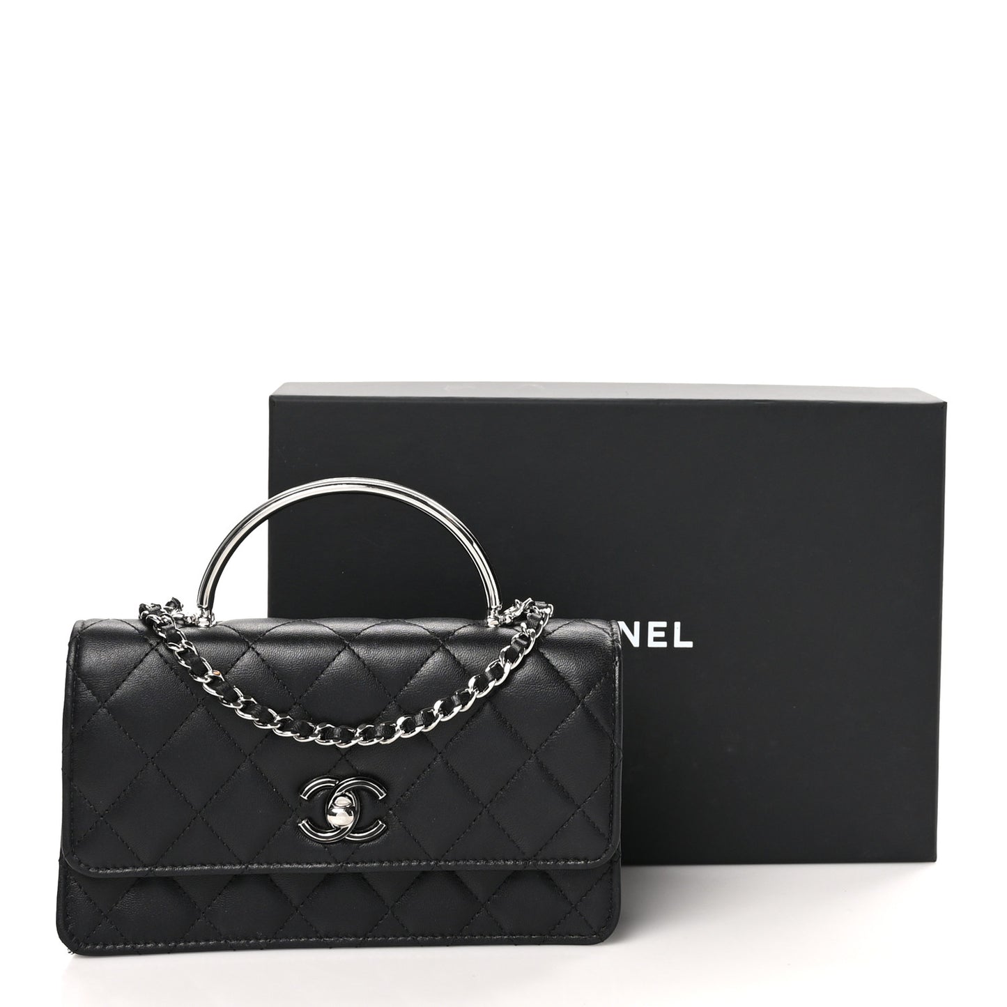 Lambskin Quilted Metal Top Handle Crossbody Flap Black