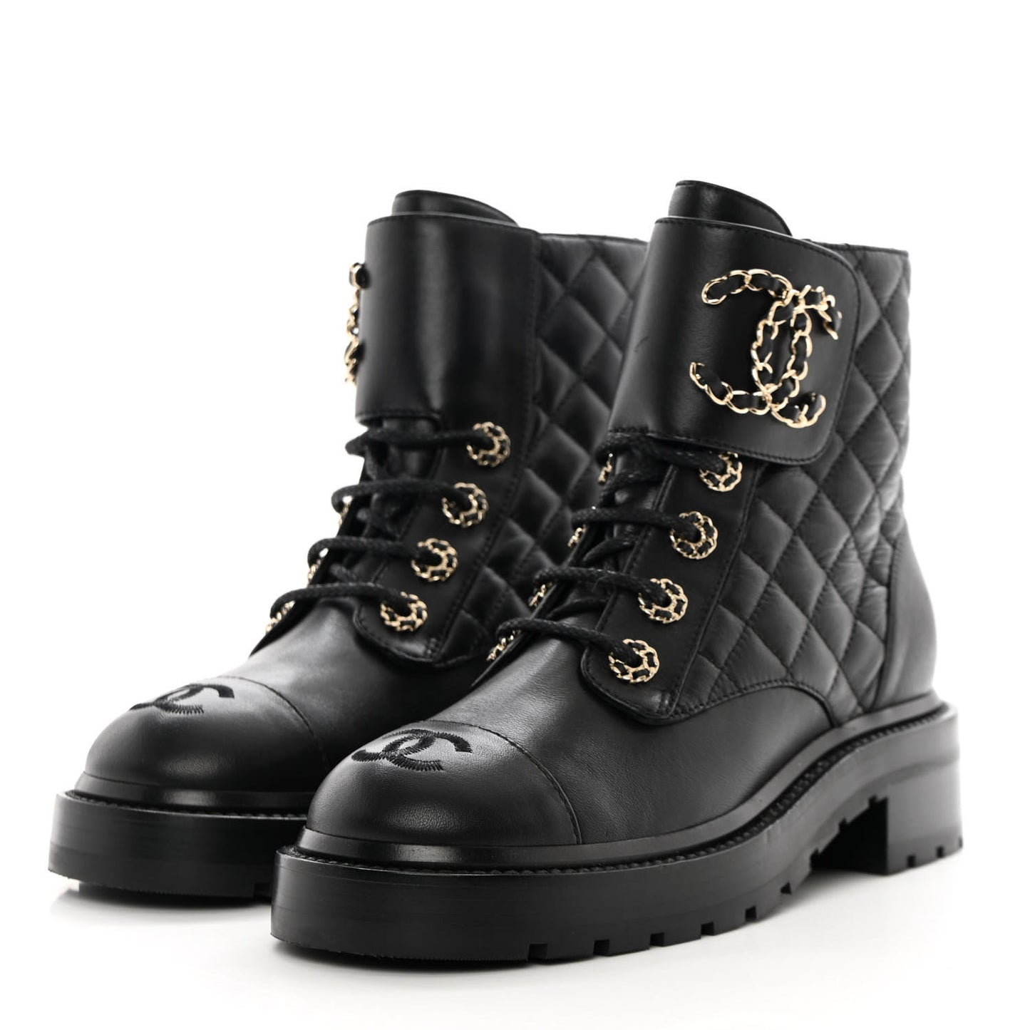 Shiny Lambskin Quilted Lace Up Combat Boots 35.5 Black