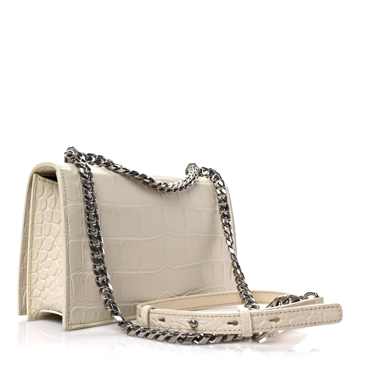 Shiny Calfskin Crocodile Embossed Knuckle Jeweled Crossbody White