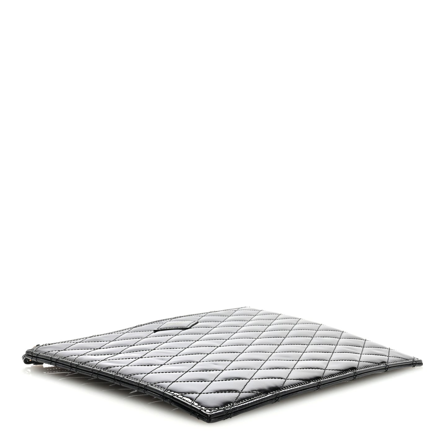 Patent Calfskin Quilted Zipped Pouch Black