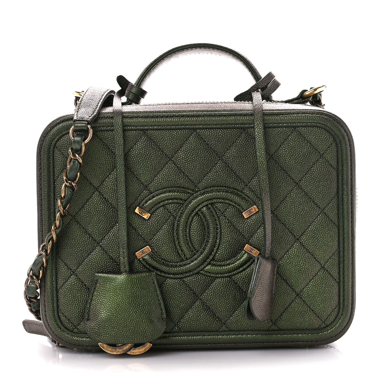 Iridescent Caviar Quilted Medium CC Filigree Vanity Case Green