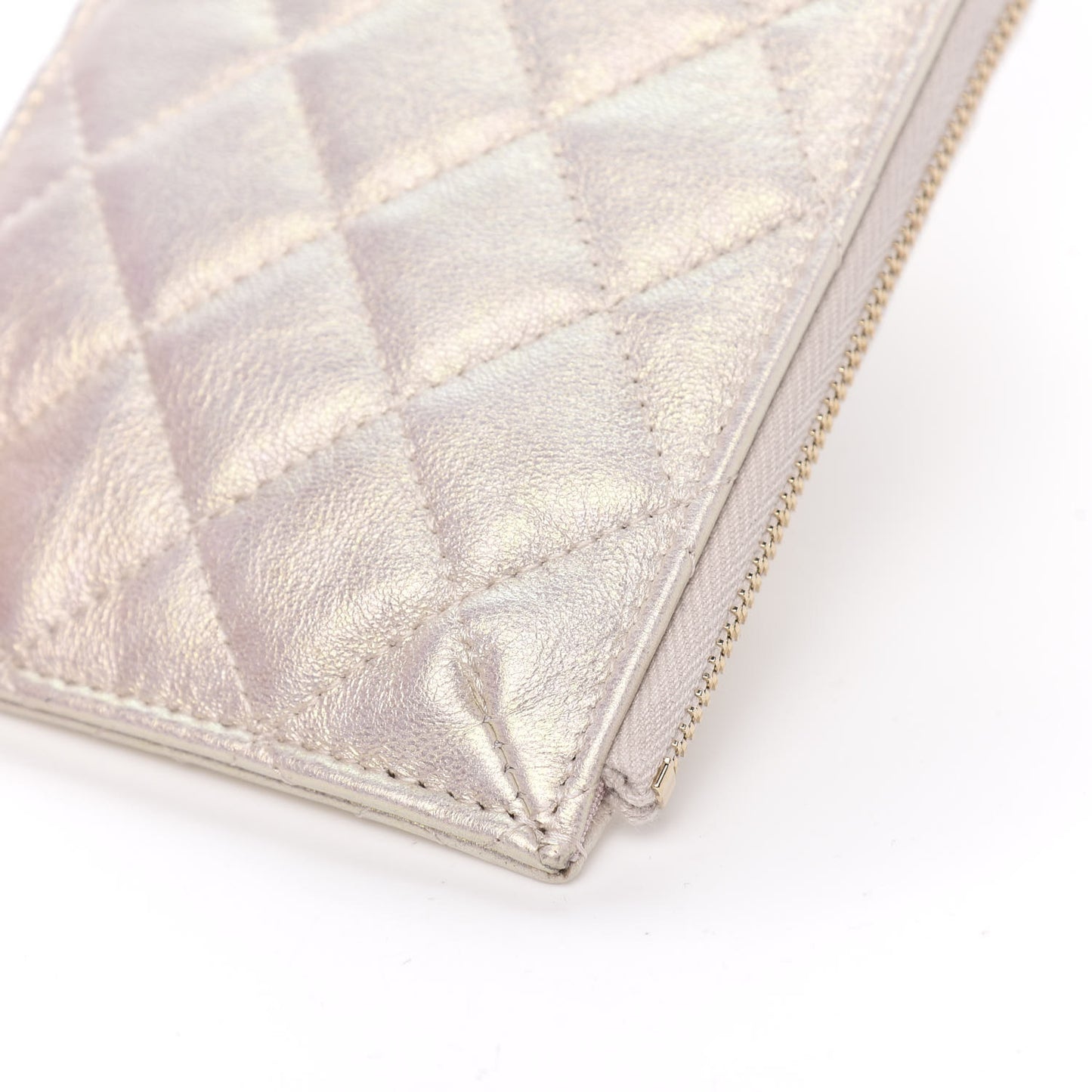 Iridescent Lambskin Quilted Classic Flat Wallet Pouch Ivory