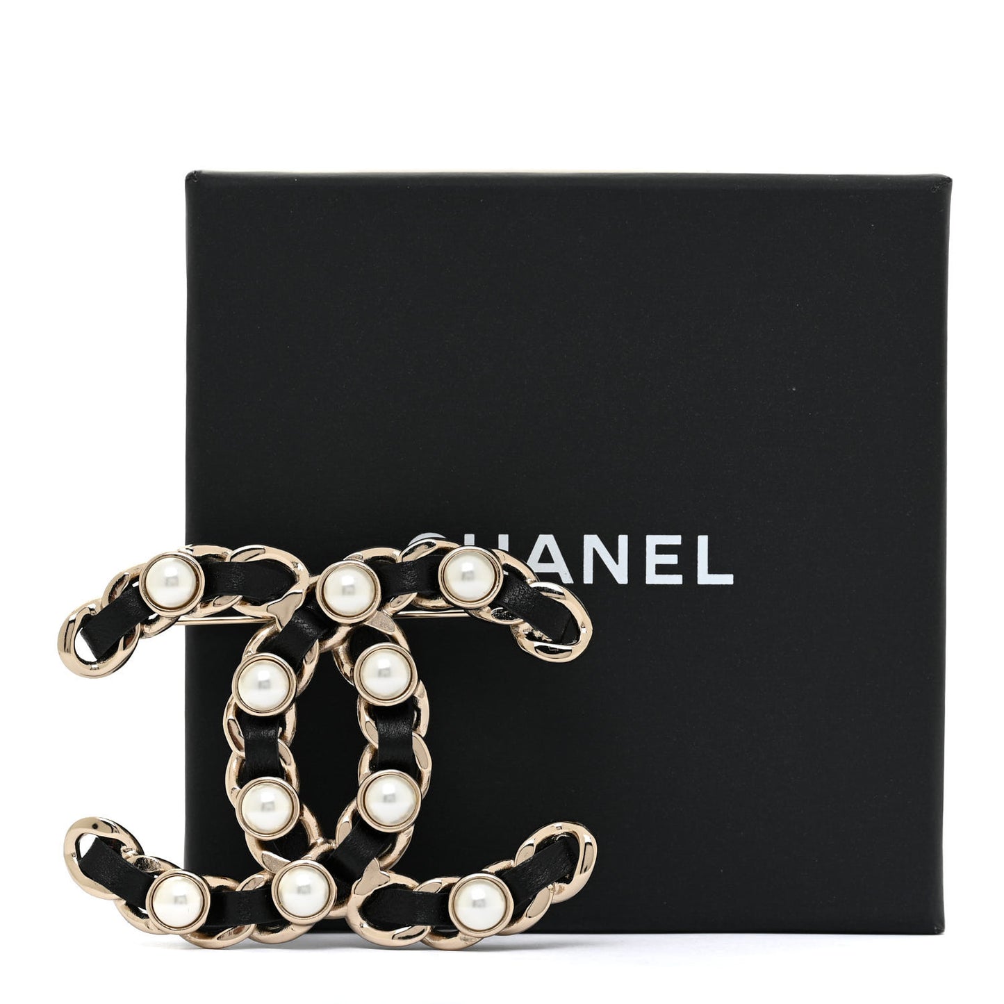 Lambskin Pearl CC Chain Brooch Black Gold