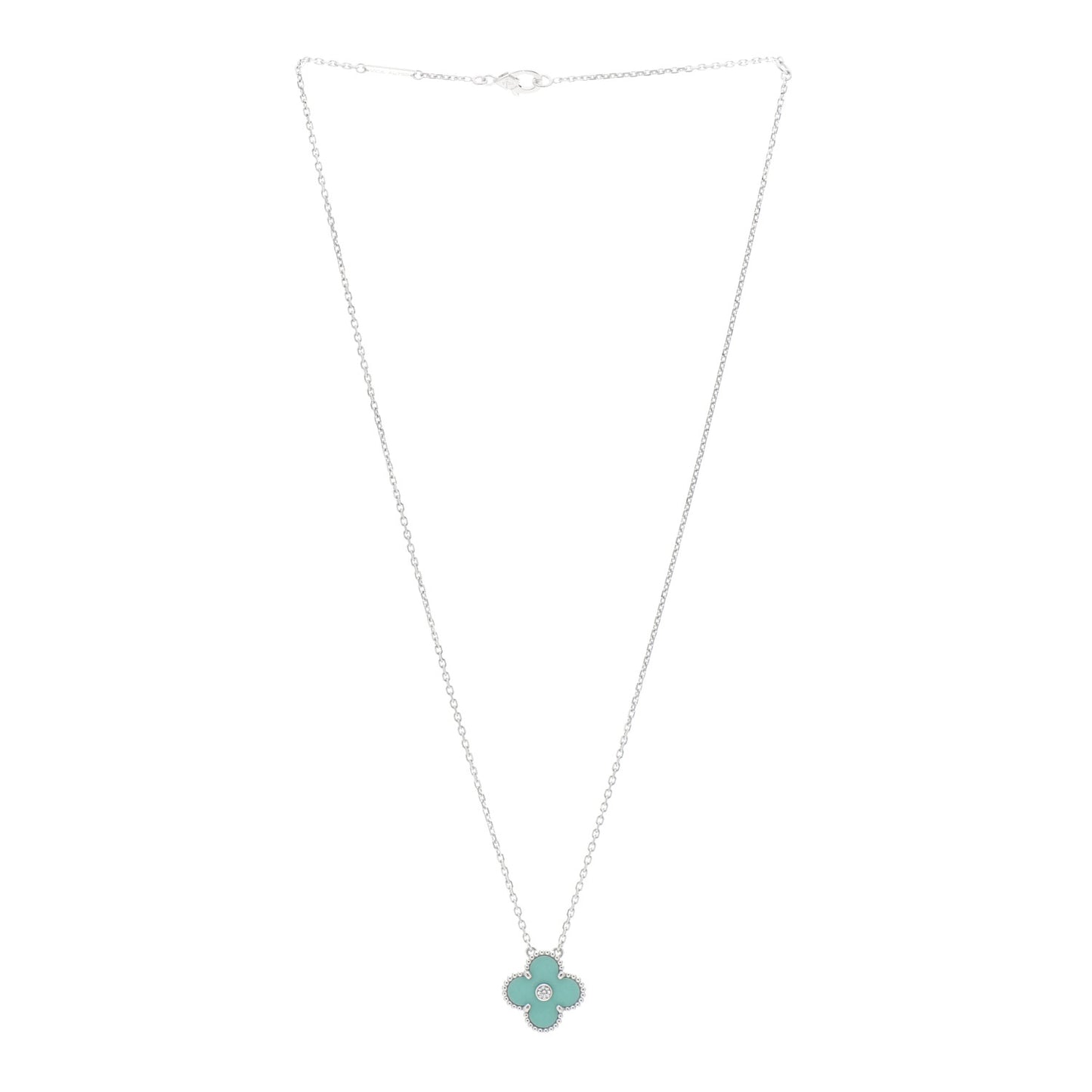 18K White Gold Diamond Celadon Green Sevres Porcelain Vintage Alhambra Pendant Necklace