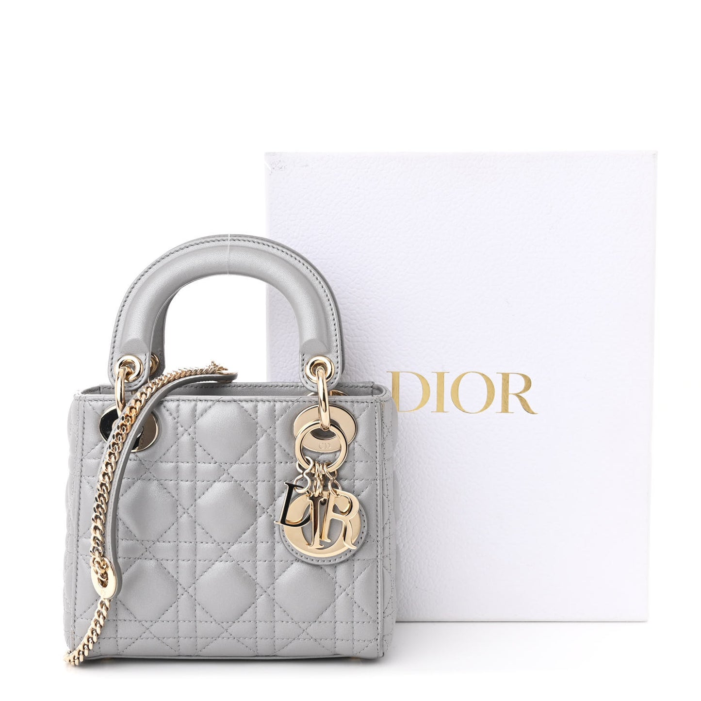 Metallic Lambskin Cannage Mini Lady Dior Grey