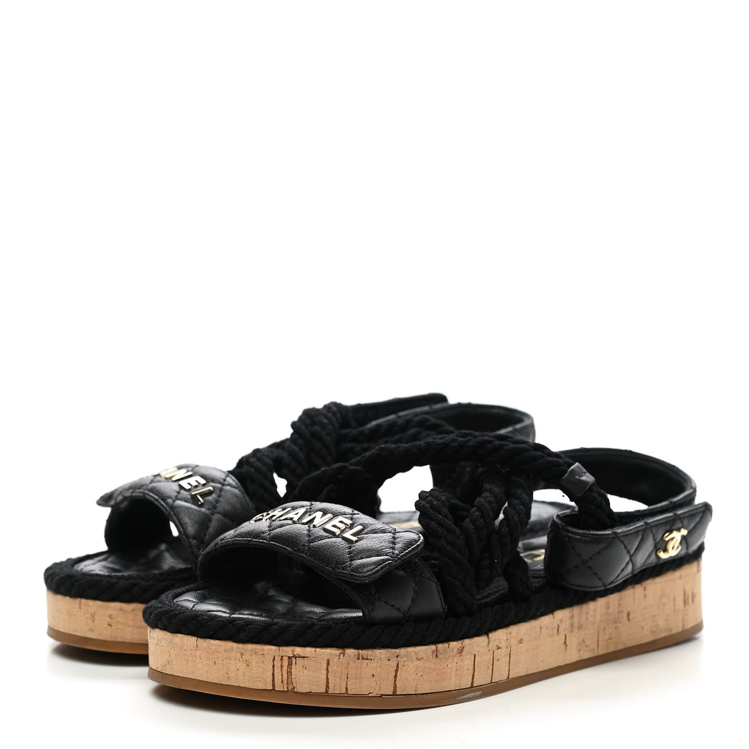 Chanel Cord Lambskin Quilted Logo Sandals 35 Black 3 of 8