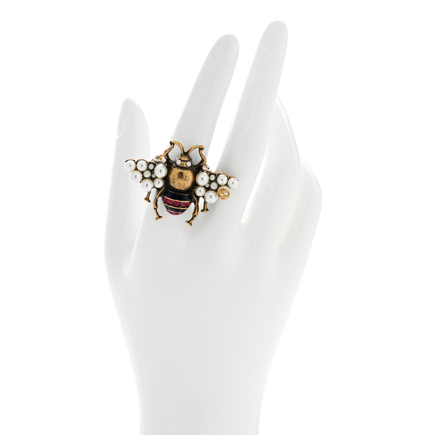 Metal Crystal Pearl Bee Ring 8 Aged Gold
