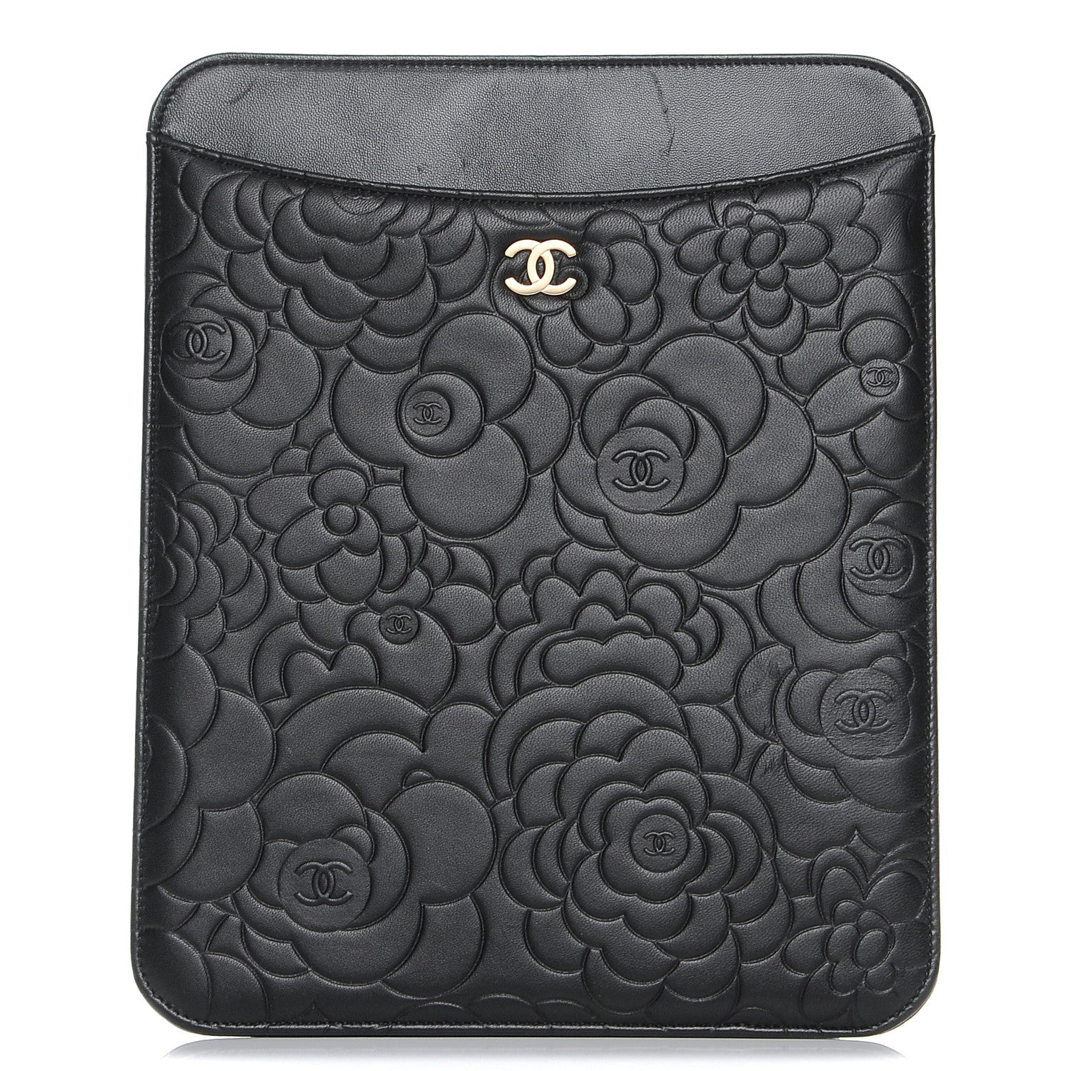 Chanel Lambskin Camellia Embossed iPad Case Black 222106
