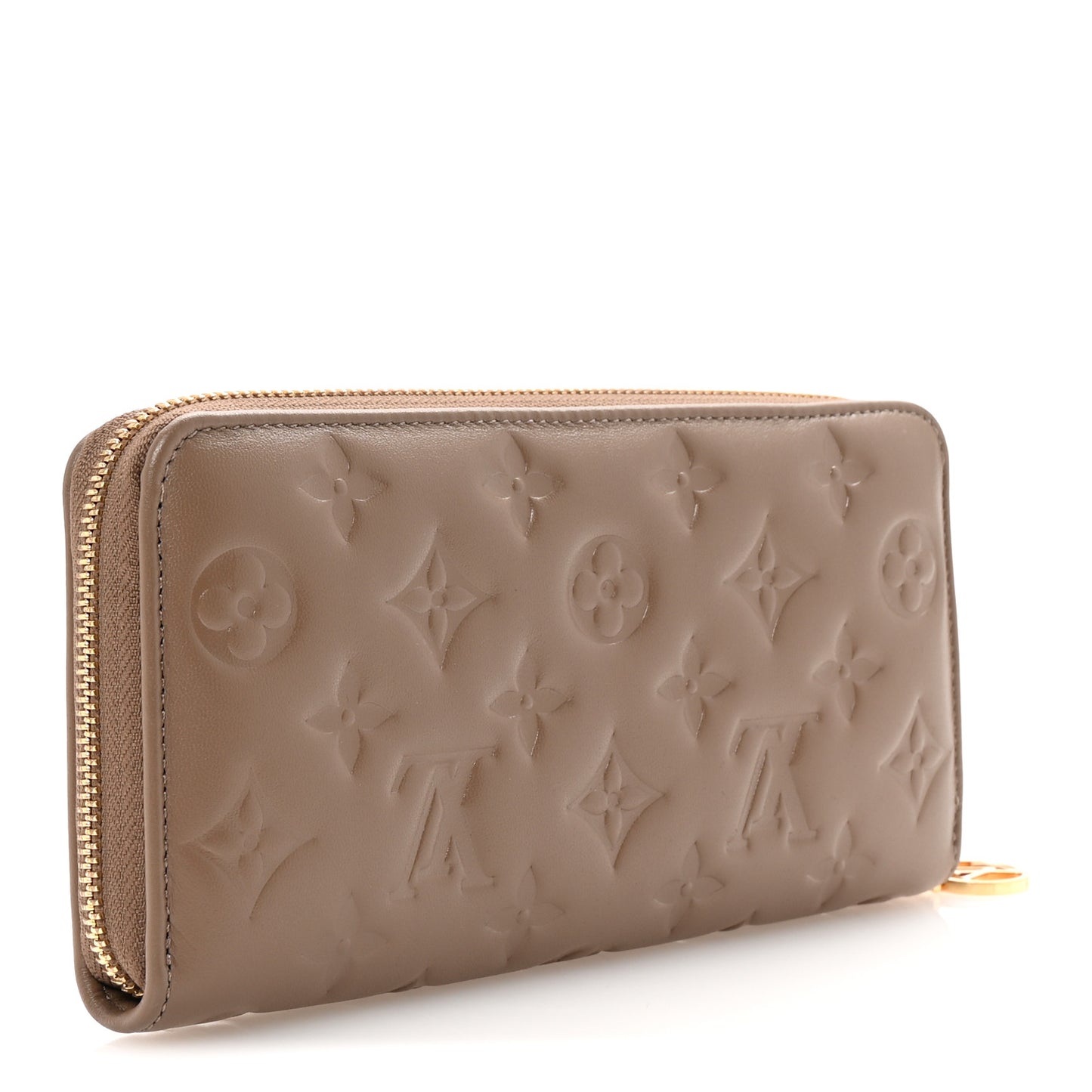 Lambskin Embossed Monogram Coussin Zippy Wallet Taupe