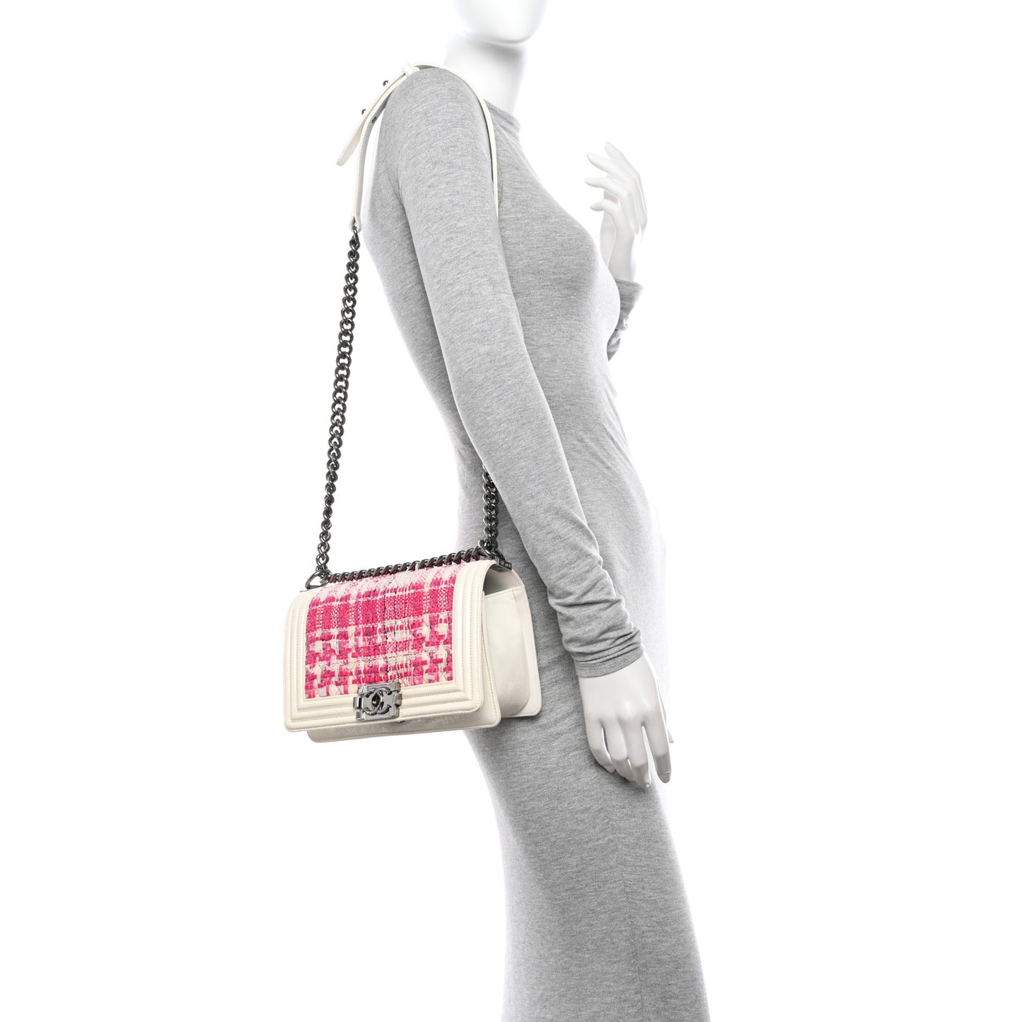 Patent Tweed Medium Boy Flap White
