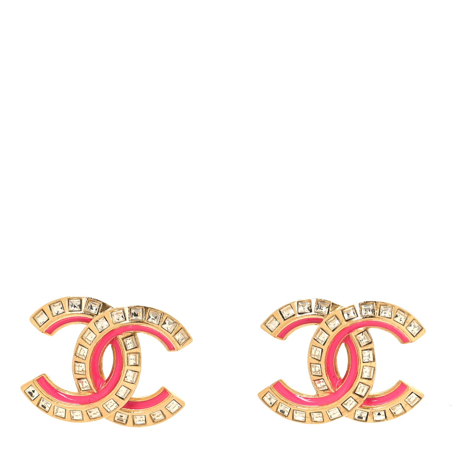 Baguette Crystal Enamel CC Earrings Gold Pink