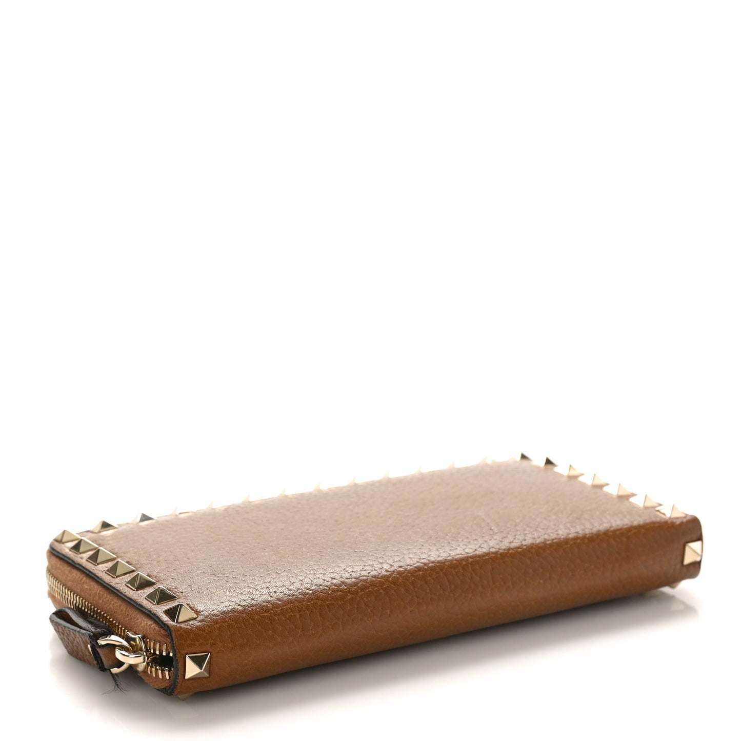 Grained Calfskin Rockstud Zip Around Wallet Bright Cognac