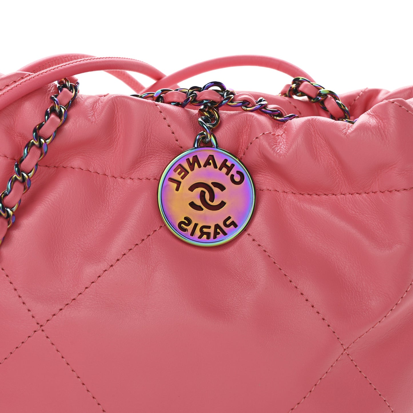 Shiny Calfskin Quilted Rainbow Metal Mini Chanel 22 Coral Pink