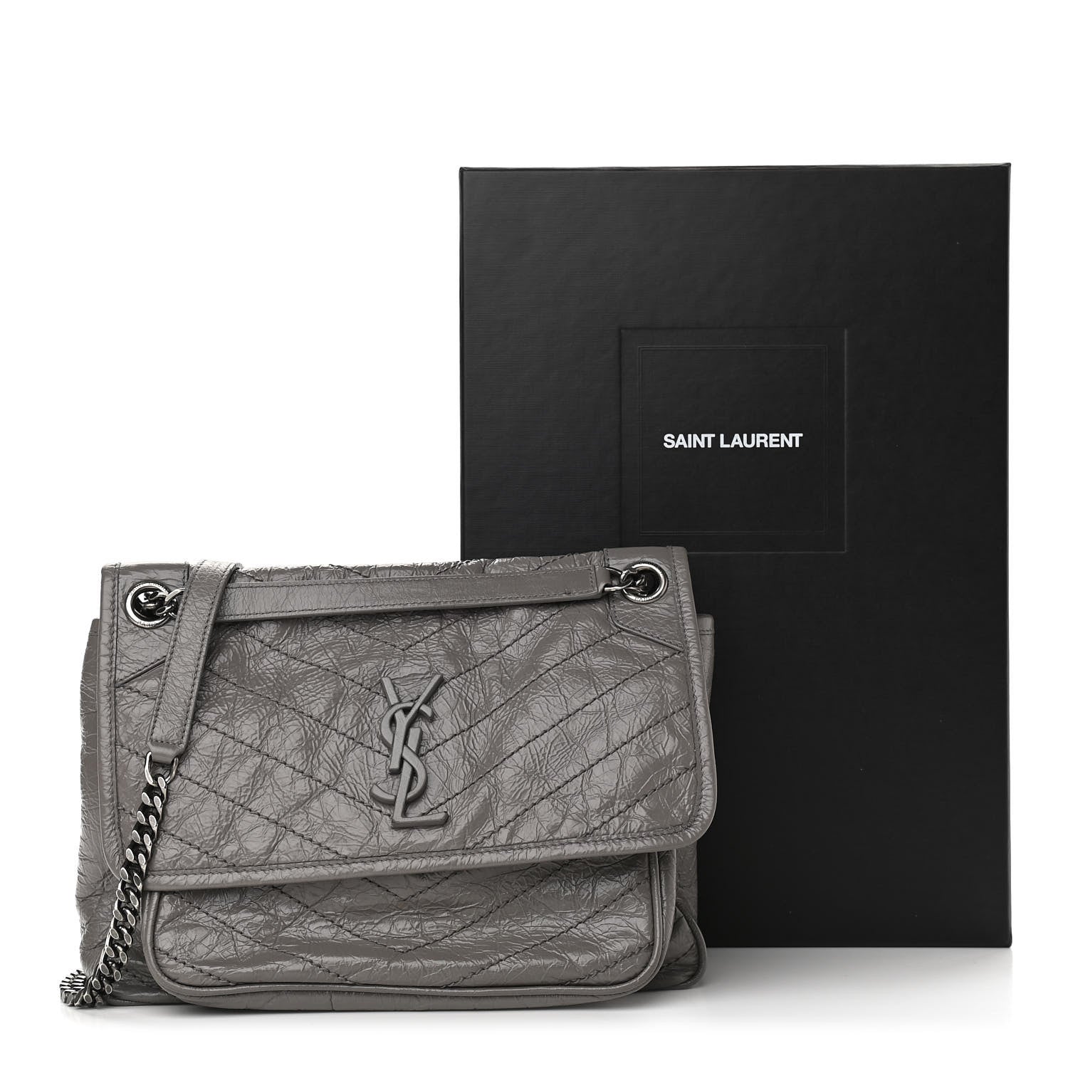 Saint Laurent Crinkled Calfskin Matelasse Monogram Medium Niki Chain Satchel Fog 13 of 13