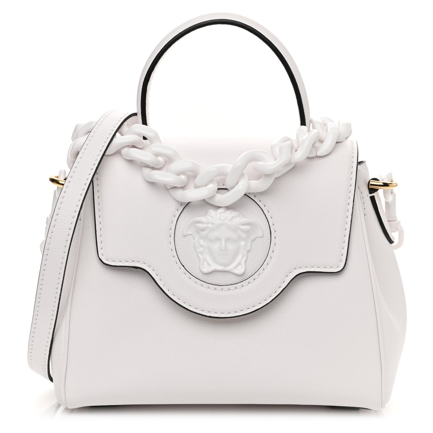 Grained Calfskin Small La Medusa Top Handle Bag White