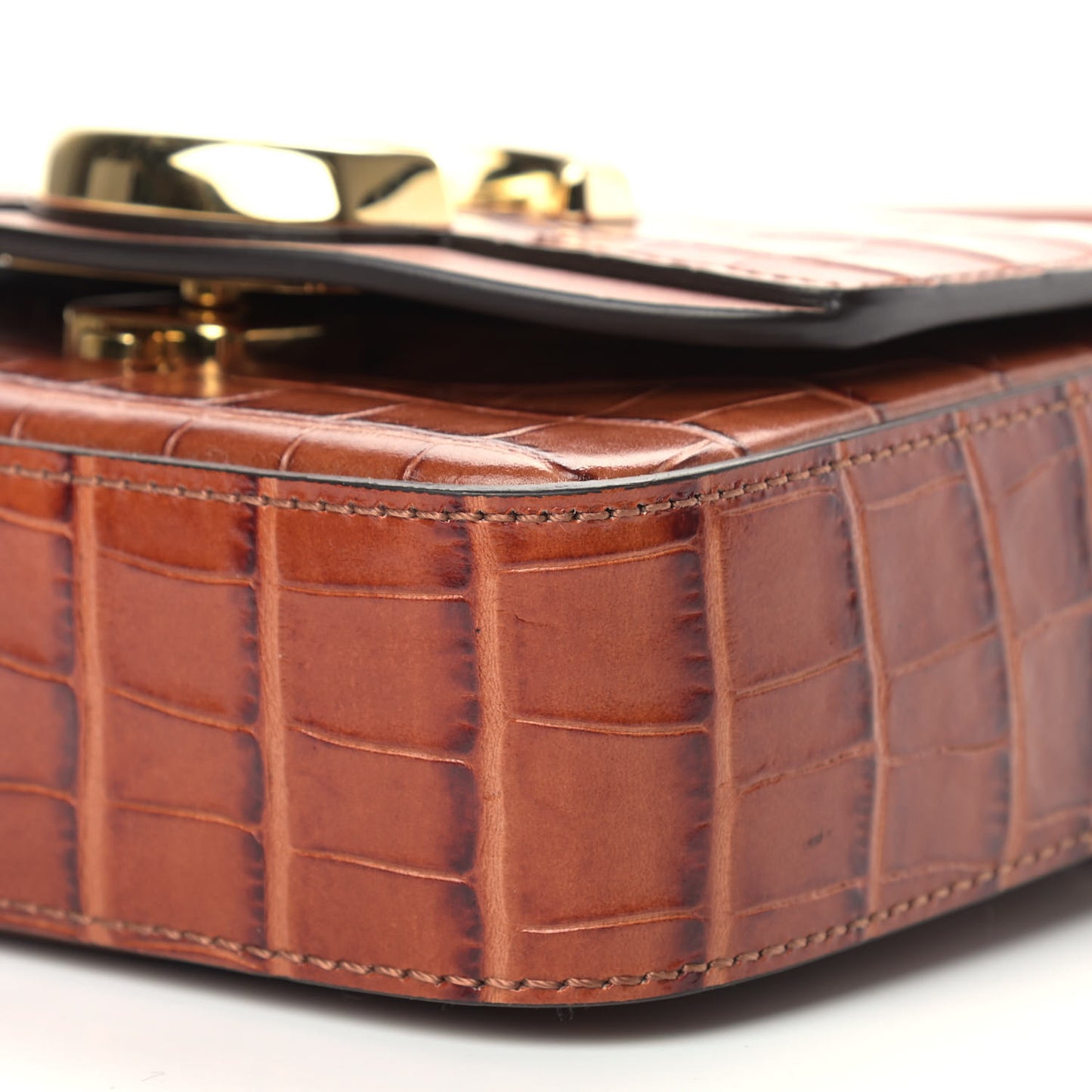 Calfskin Crocodile Embossed Mini C Double Carry Chestnut Brown