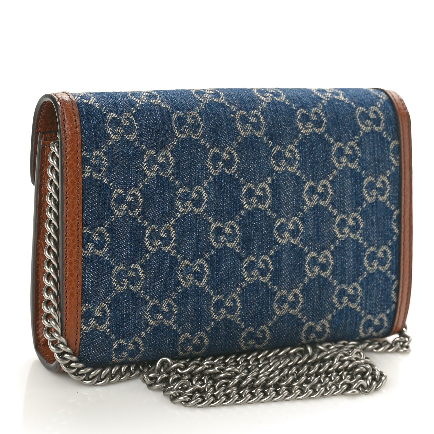 New Denim GG Monogram Dollar Calfskin Enamel Mini Dionysus Chain Wallet Blue Tea Cuir Epilog Electric Blue