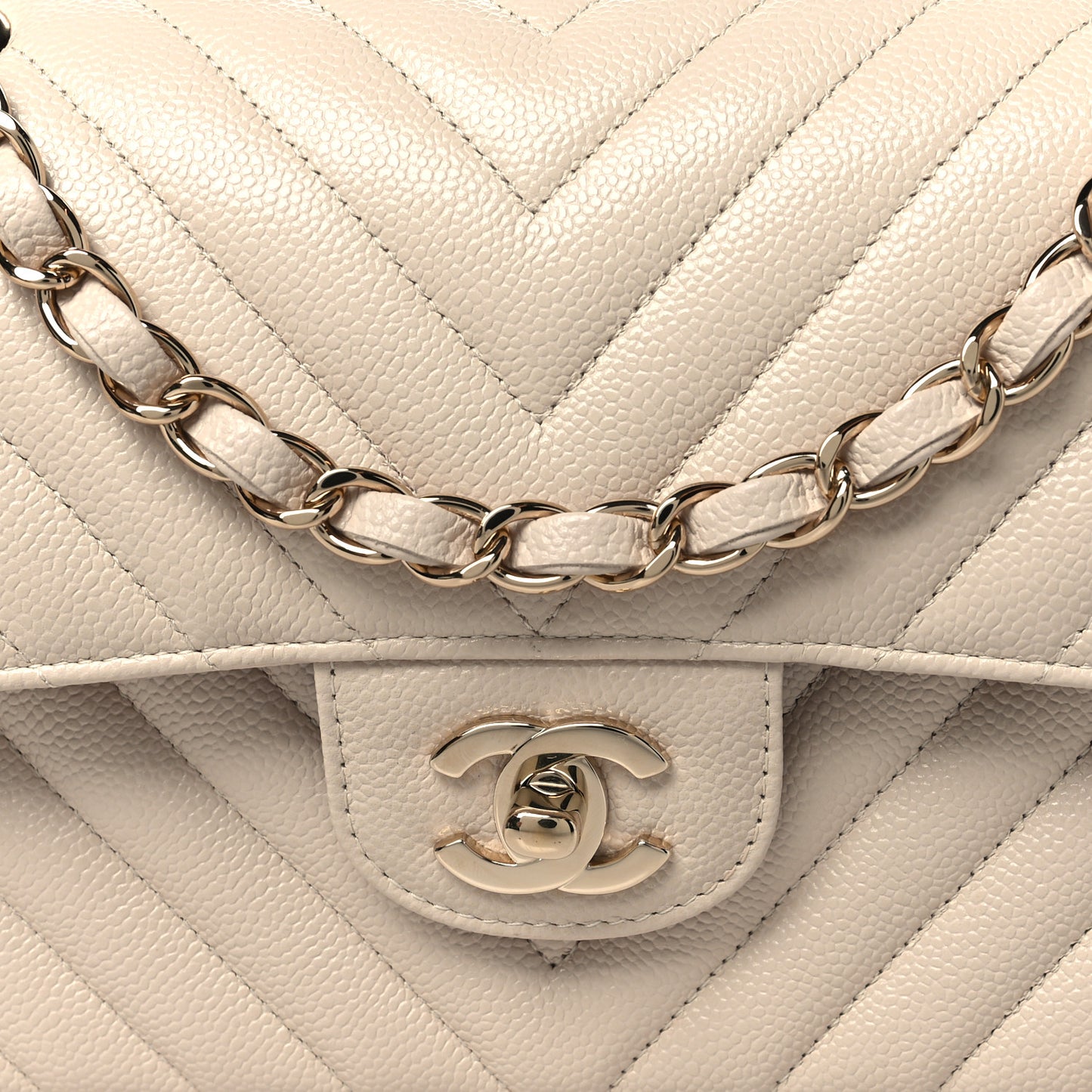 Caviar Chevron Quilted Small Double Flap Beige