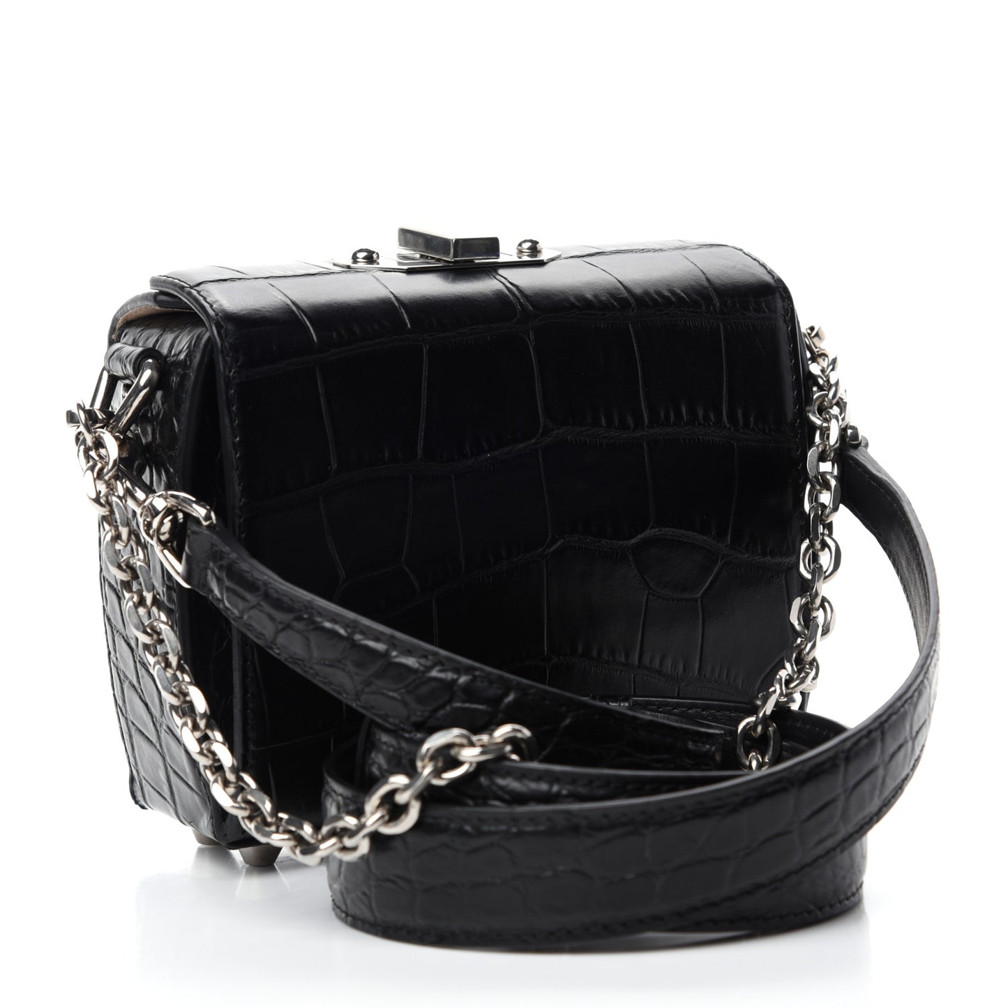 Calfskin Crocodile Embossed Box Shoulder Bag 16 Black