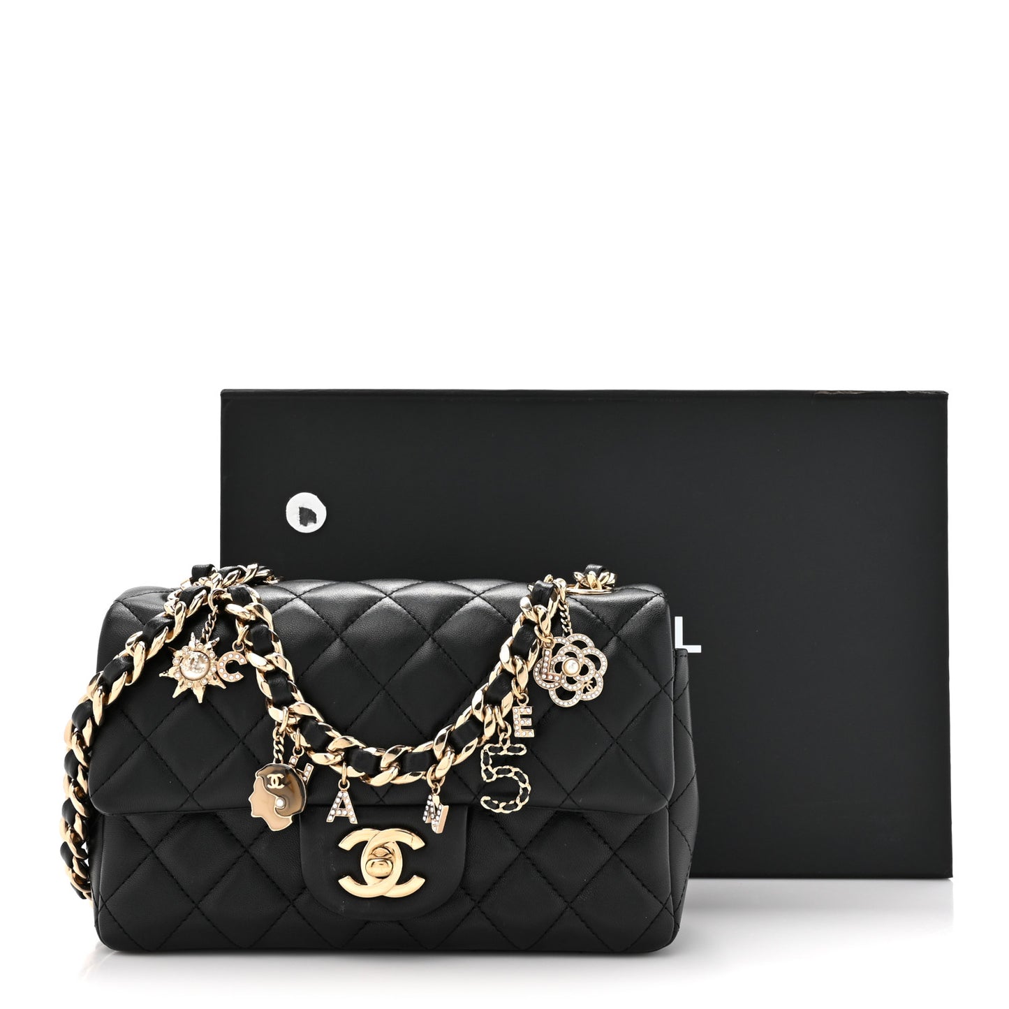 Lambskin Quilted Mini Coco Charms Rectangular Flap Black