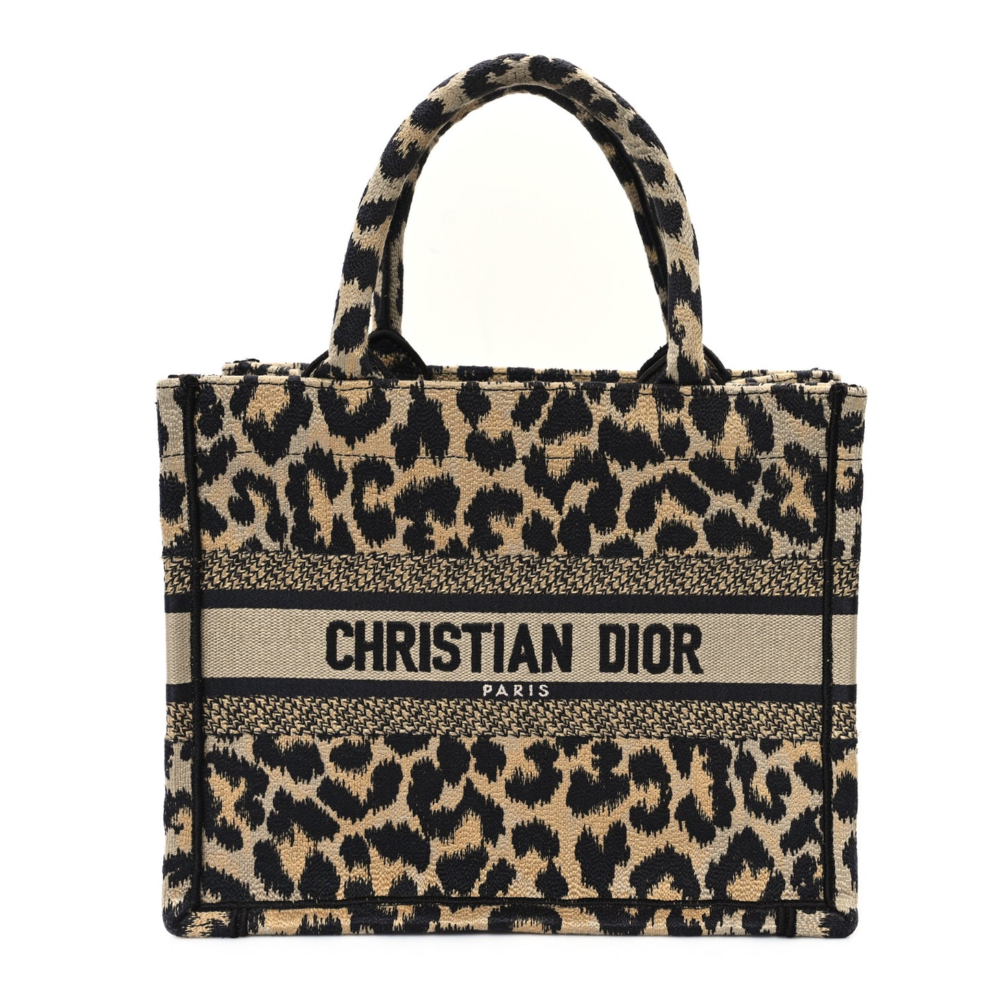 Canvas Mizza Embroidered Small Leopard Book Tote Beige