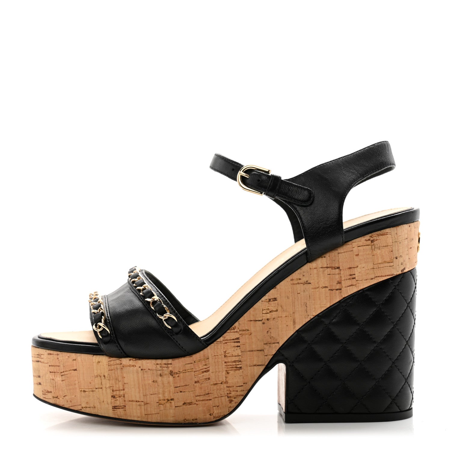 Chanel Lambskin Quilted Chain Cork Wedge Sandals 40 Black 1 of 10