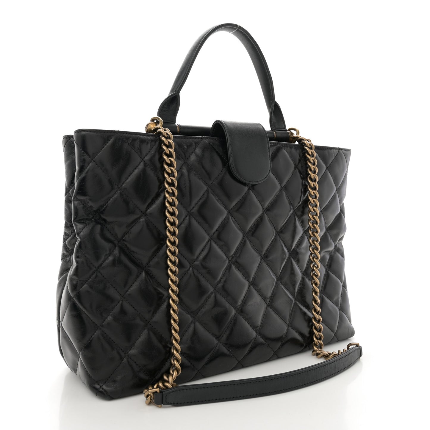 Glazed Calfskin Quilted Gold Bar Tote Black