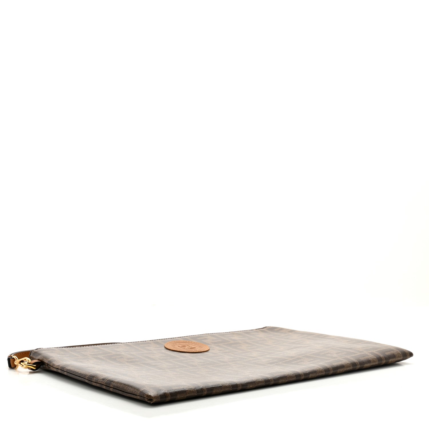 Fendi Glazed Fabric Vitello Century FF 1974 Stamp Patch Large Flat Pouch Mogano Panna Caramello 4 of 11