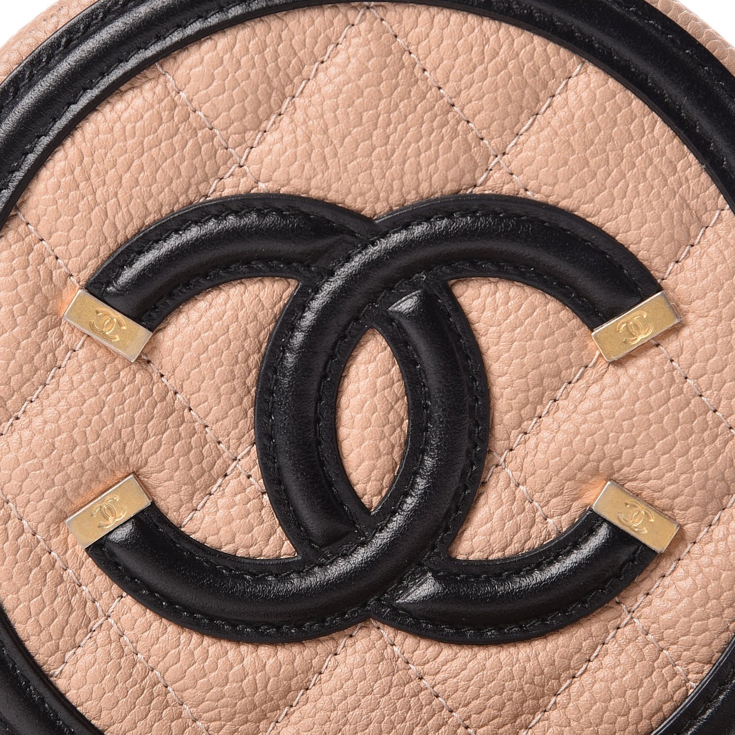 Caviar Quilted Round Filigree Crossbody Beige Black