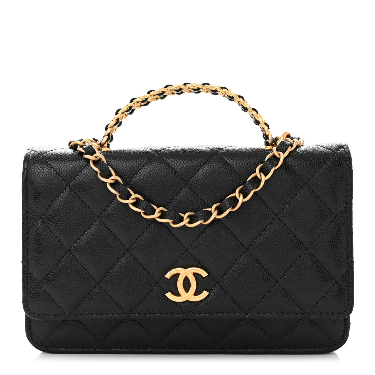 Shiny Caviar Quilted Pick Me Up Wallet On Chain WOC Black